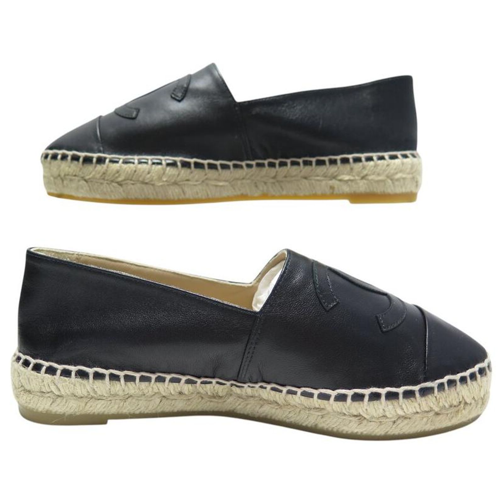 NEW CHANEL ESPADRILLES SHOES LOGO CC G29762 35 BLACK LEATHER ref
