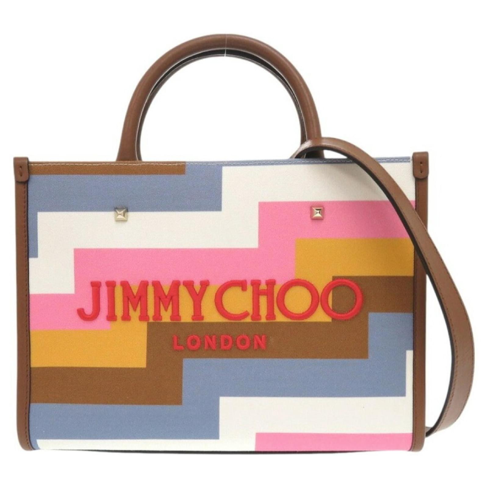 Jimmy Choo Avenue S Leather Canvas Tote Bag Brown Pink Blue