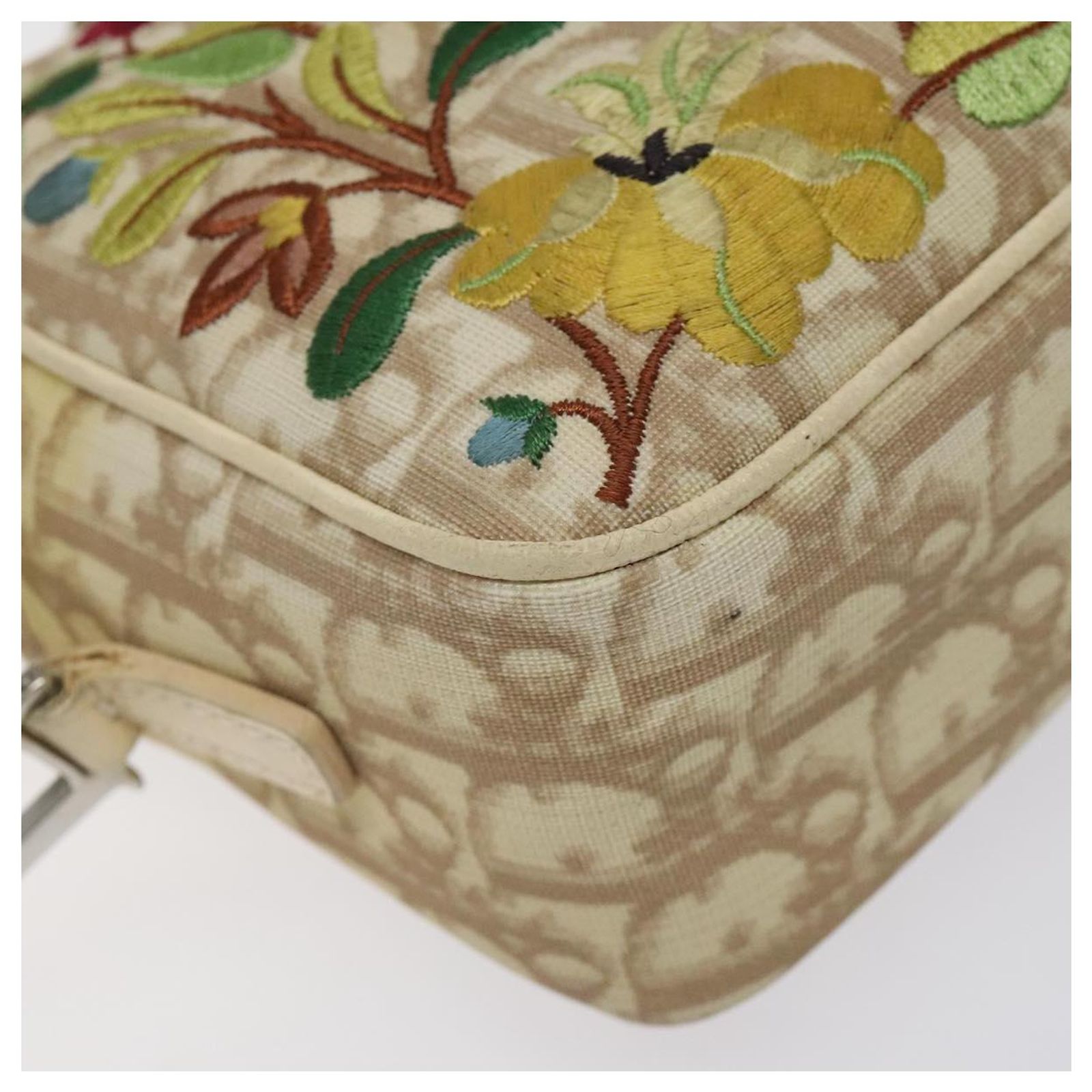 Christian Dior Trotter Canvas Flower Shoulder Bag Beige Silver 