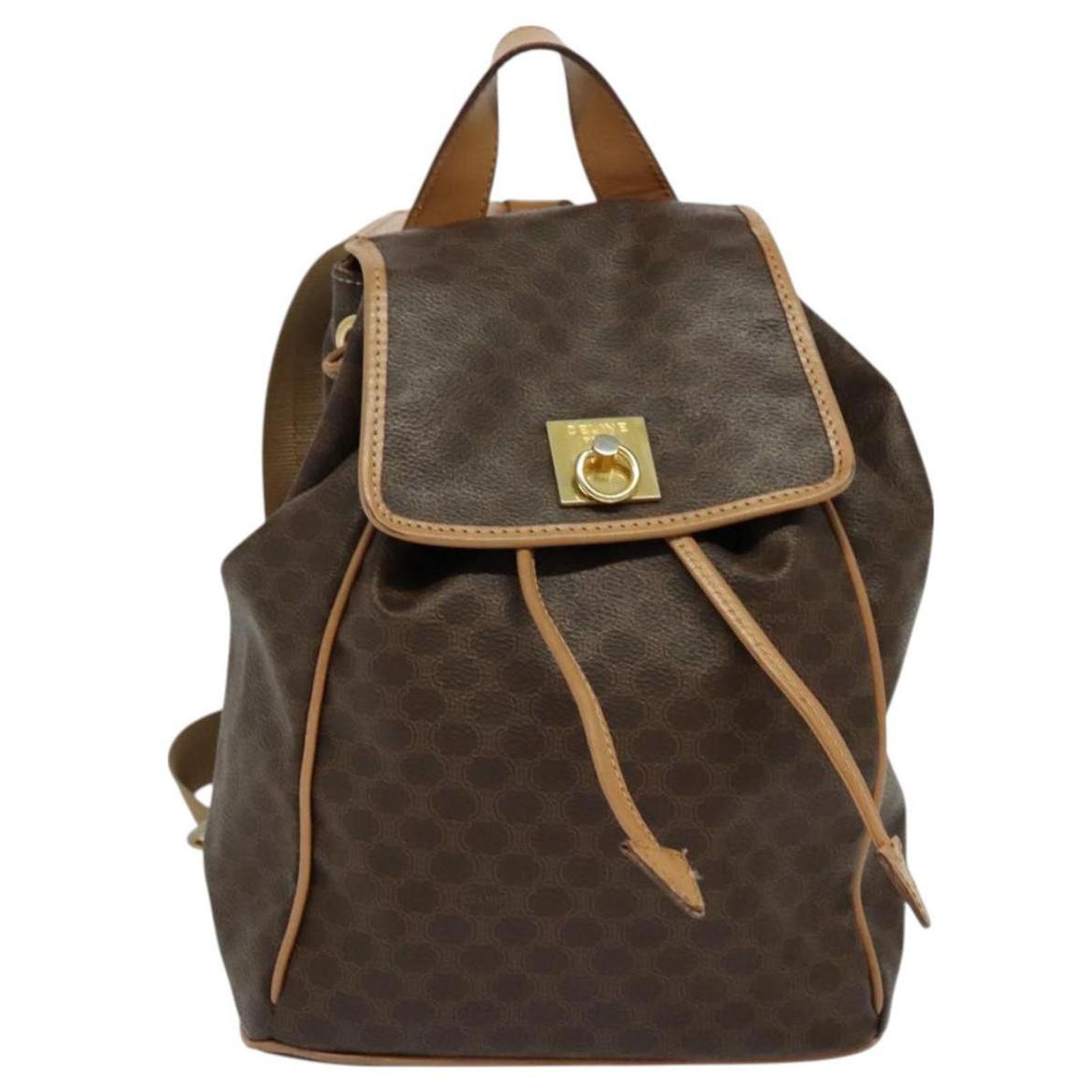 Céline CELINE Macadam Canvas Backpack PVC Leather Brown Gold  display picture 1