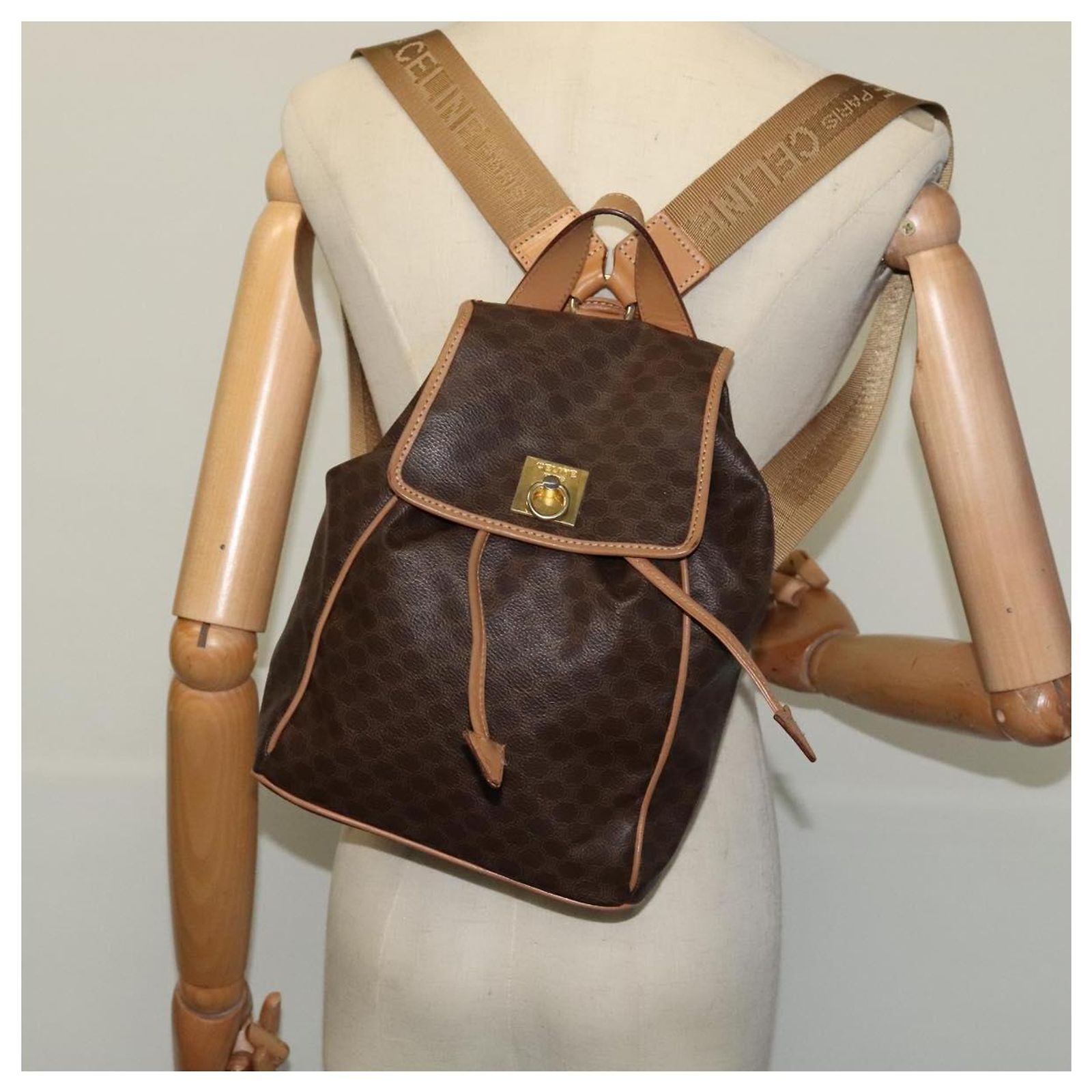 CELINE Macadam Canvas Backpack PVC Leather Brown Gold Auth 121237 Céline CELINE Macadam Canvas Backpack PVC Leather Brown Gold  main image 2
