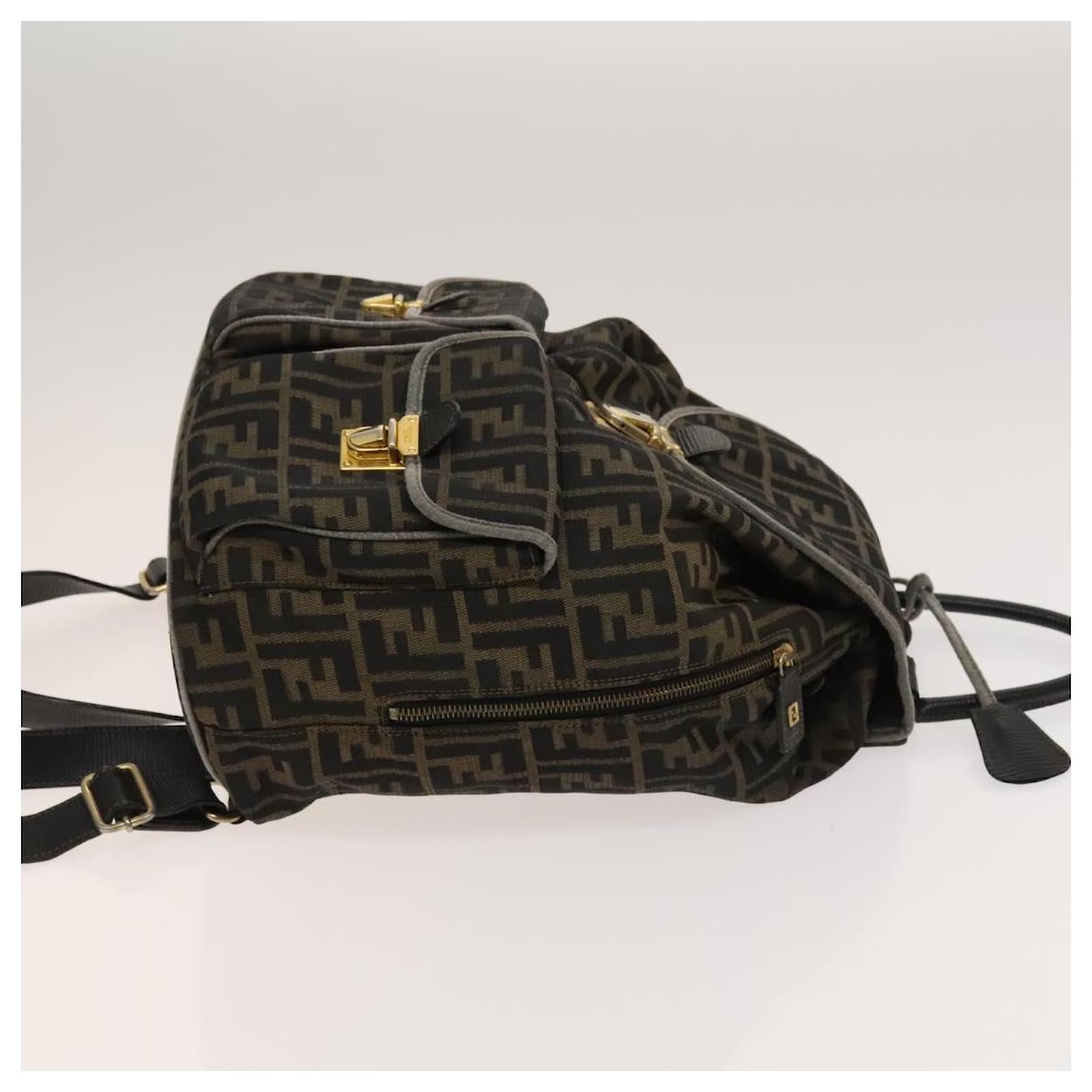 FENDI Zucca Canvas Backpack Black Brown gold Auth 123804 Golden