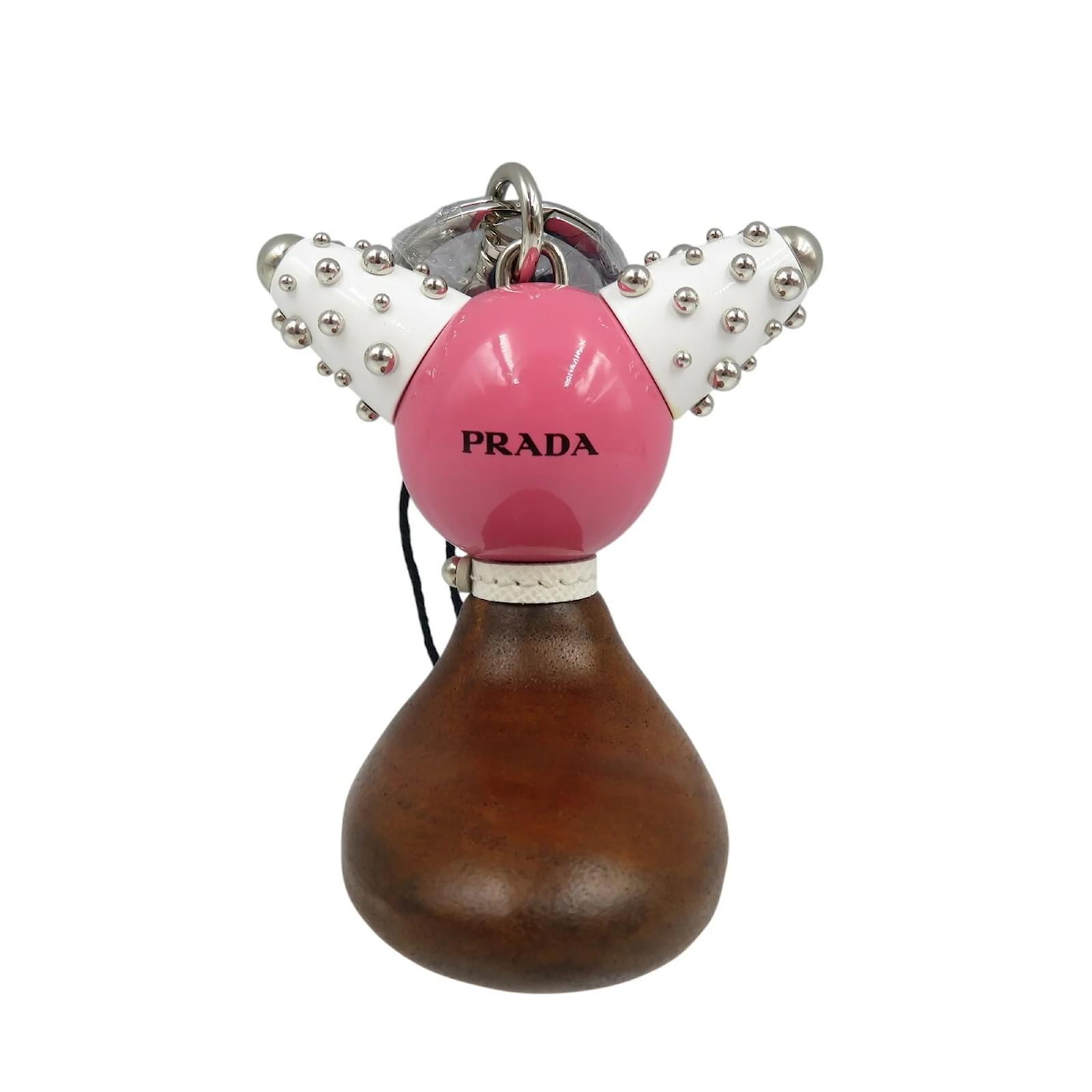 Prada TRICK ROBOT Keychain Brown Silvery White Metal Wood ref