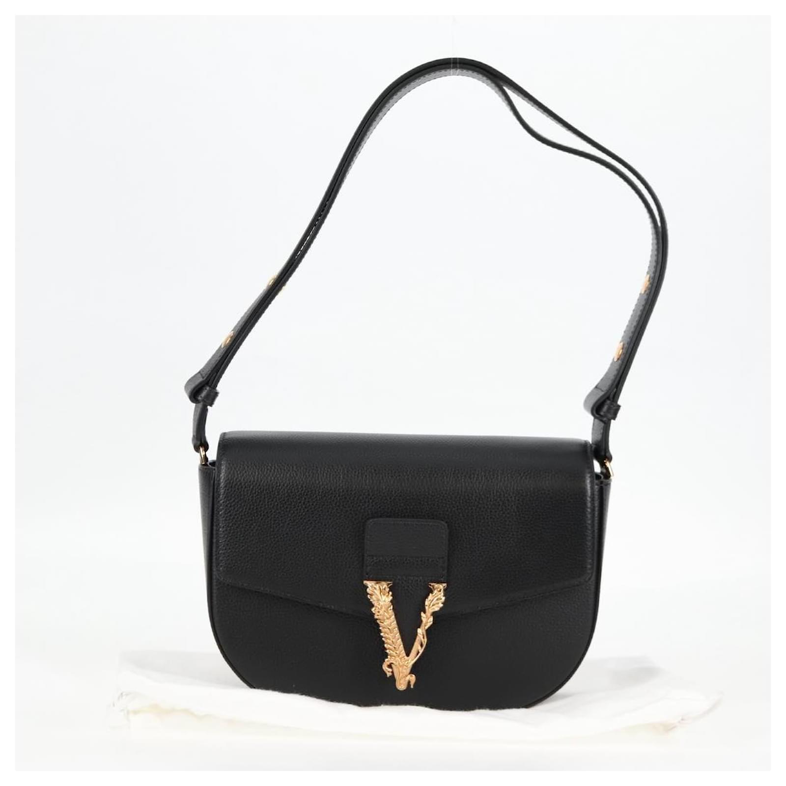 VERSACE Shoulder Bag Leather Black Gold Auth 118820A Golden