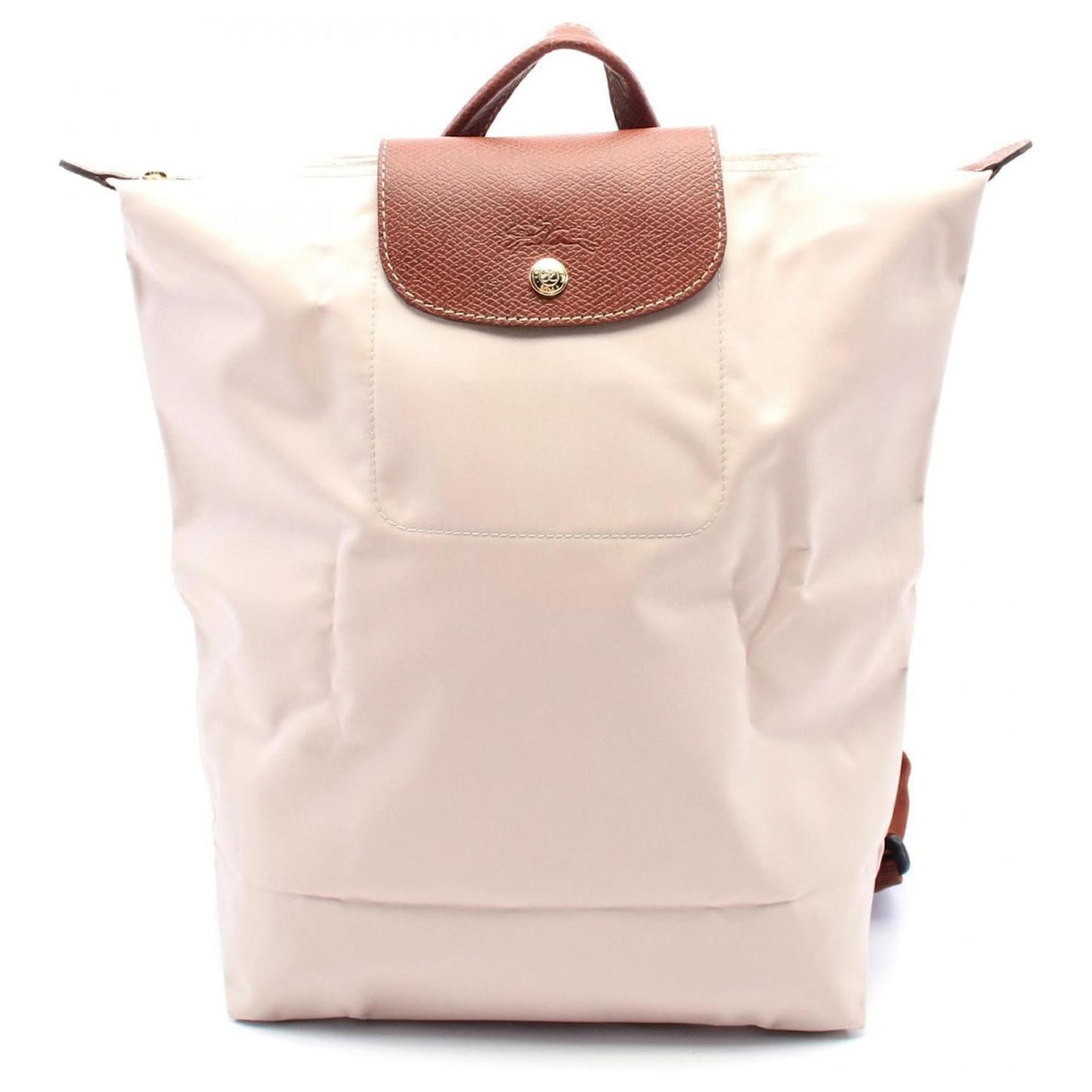 Zaino Longchamp Le Pliage Original M Marrone Beige Pelle Tela ref