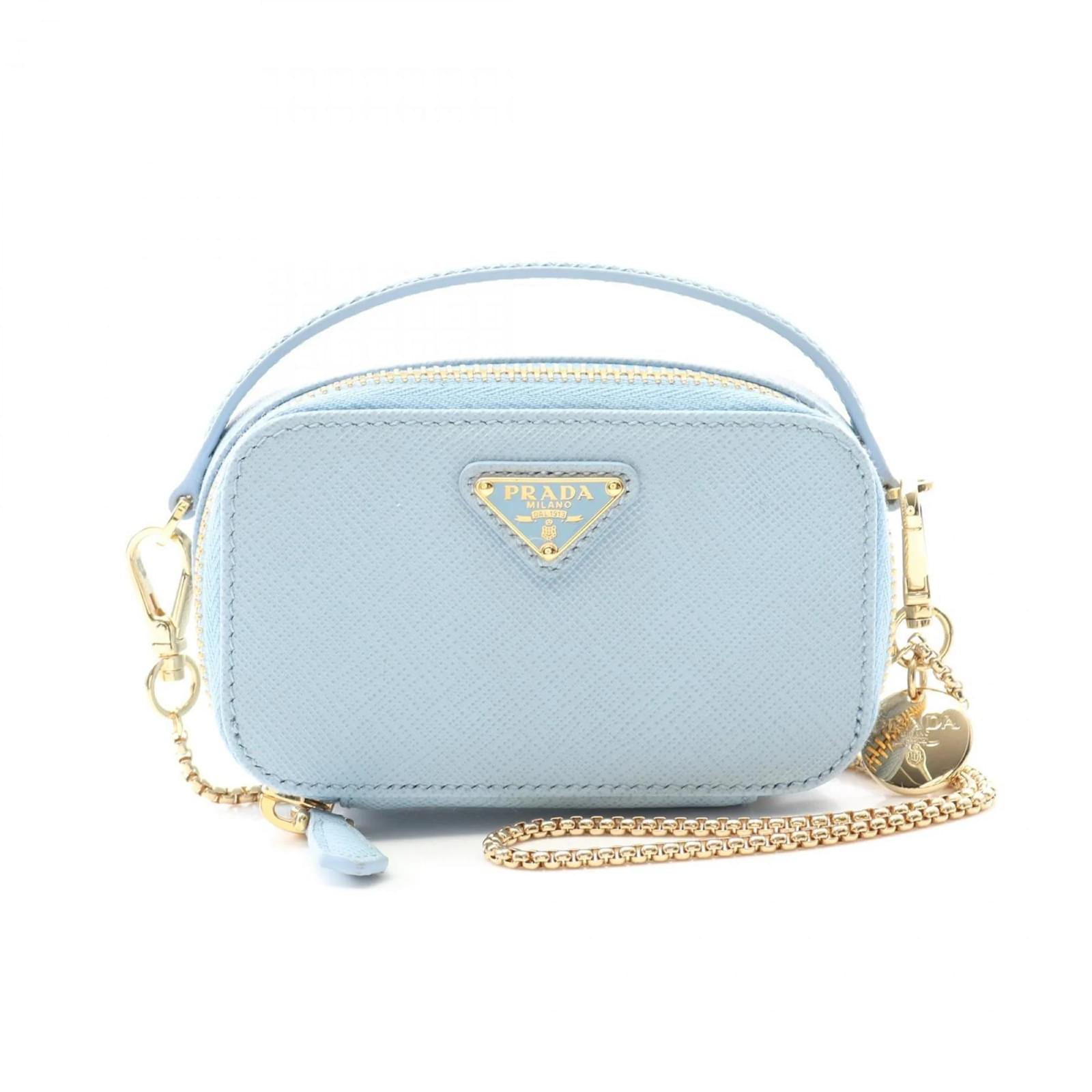 Prada Saffiano Triangle Mini Pouch Shoulder Bag Blue Light blue