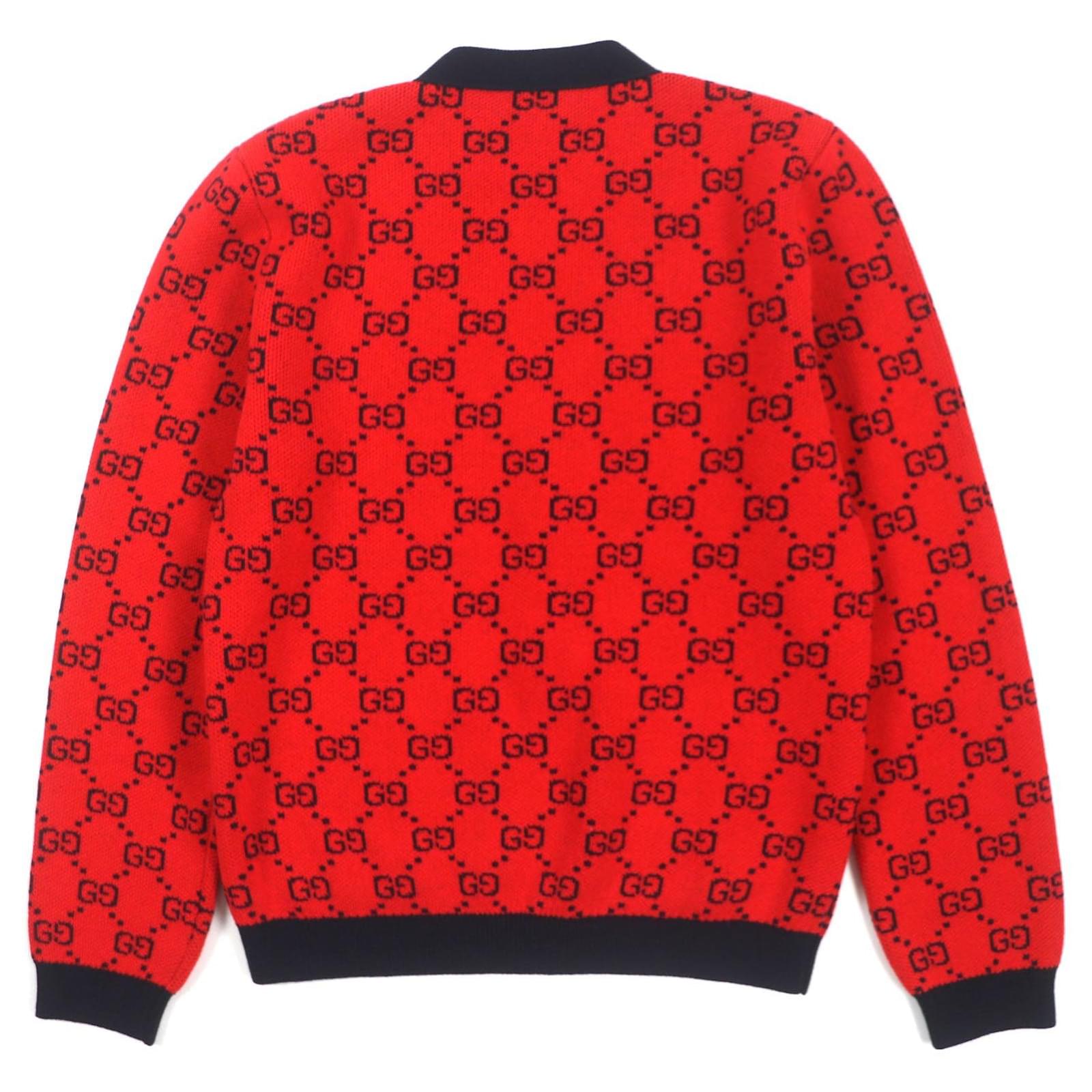 Gucci Wool Cotton V-Neck Logo Cardigan M Black Red ref.JC2288635
