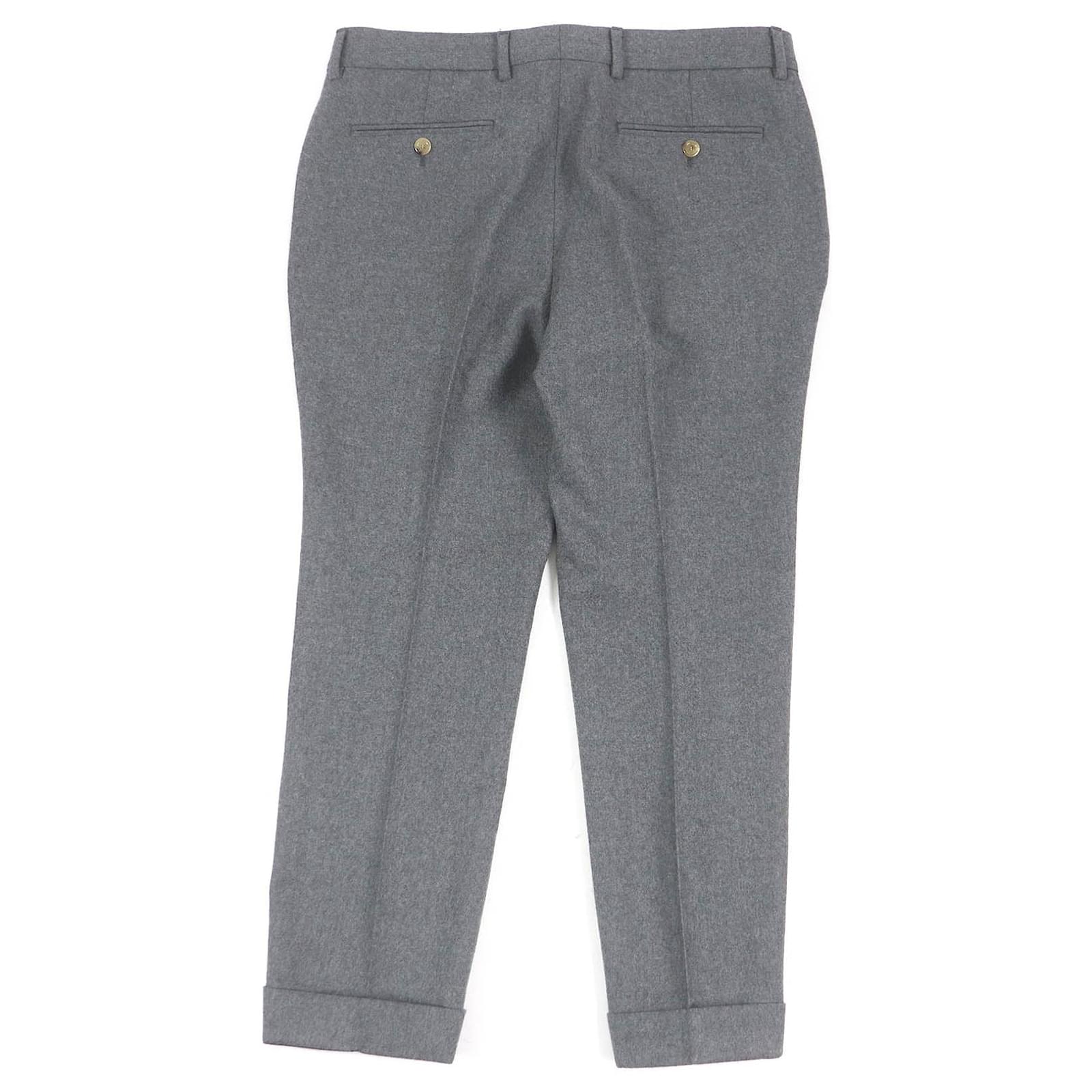 GUCCI Wool Cowhide Slacks Gray 50 Italy Brown Leather ref
