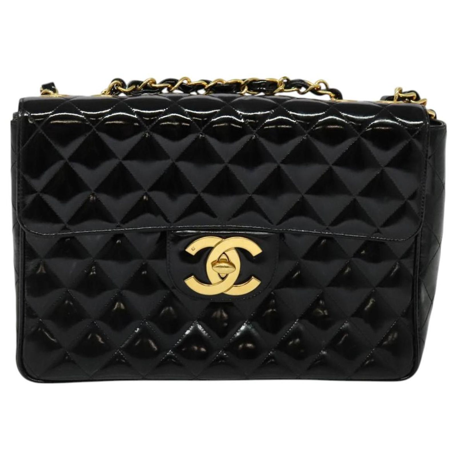 CHANEL Big Matelasse Chain Shoulder Bag Patent leather Black Gold 