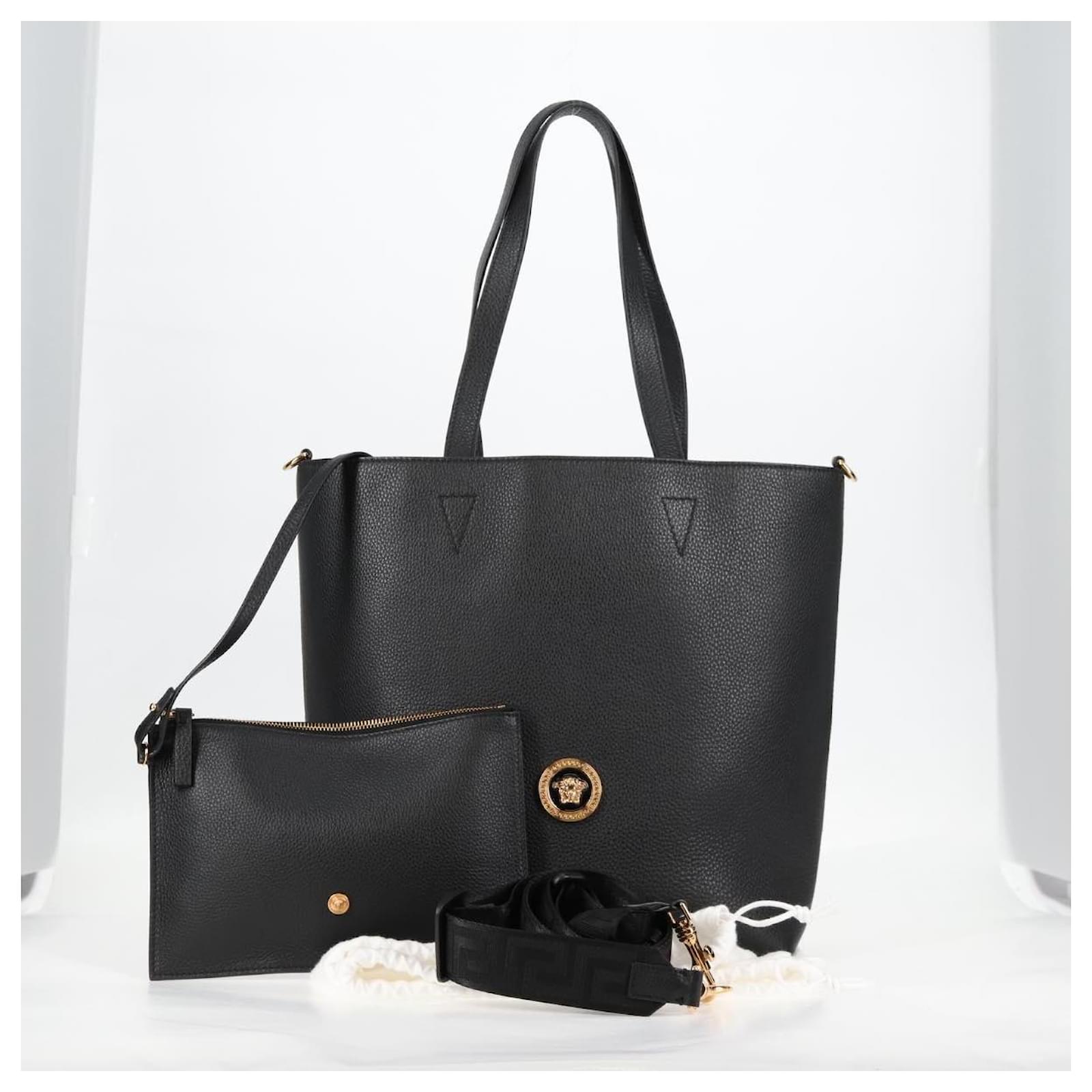 VERSACE Tote Bag Leather 2way Black Gold Auth 118739A Golden