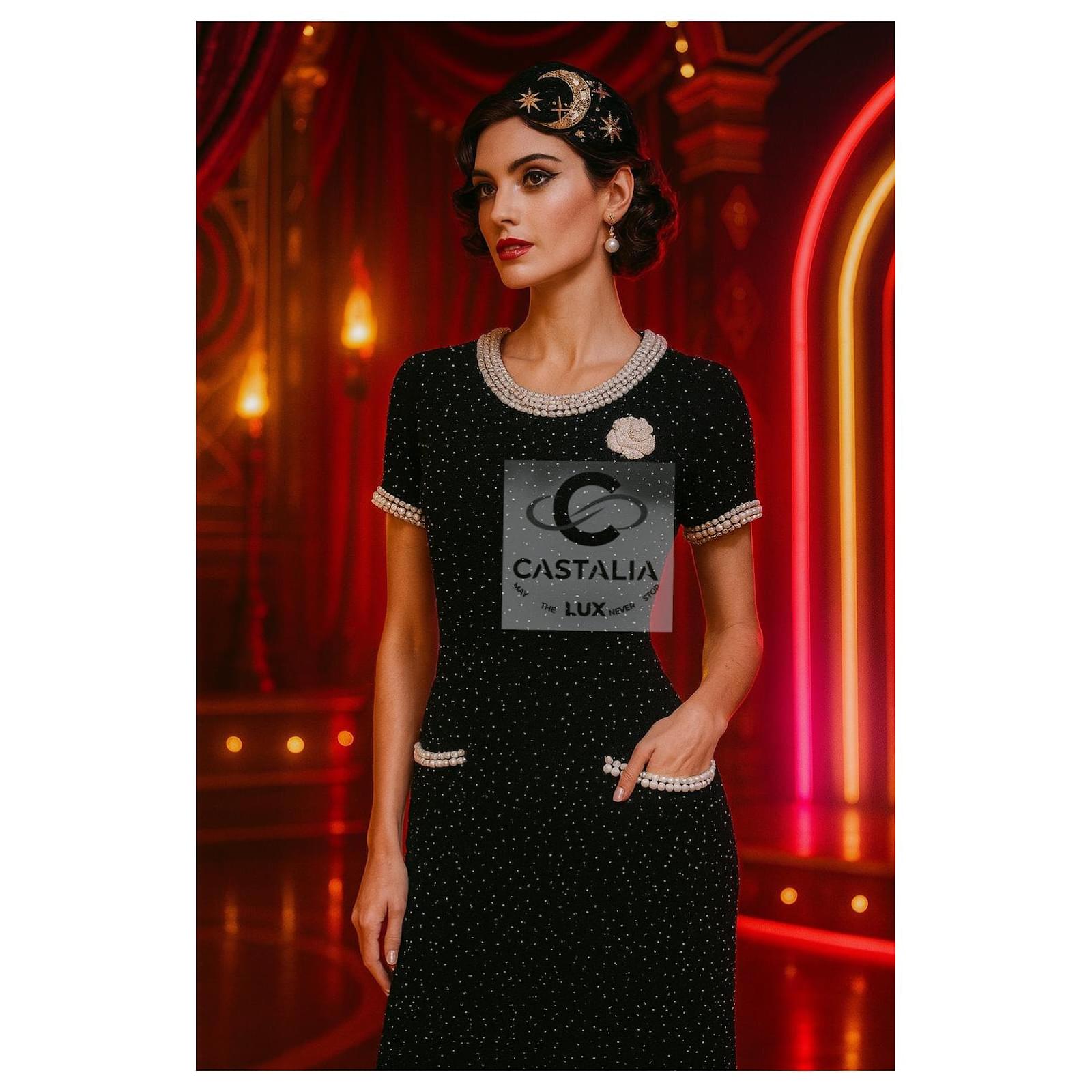 Abito in perle nere couture CHANEL con spilla a camelia 40 FR Nero - Main Image
