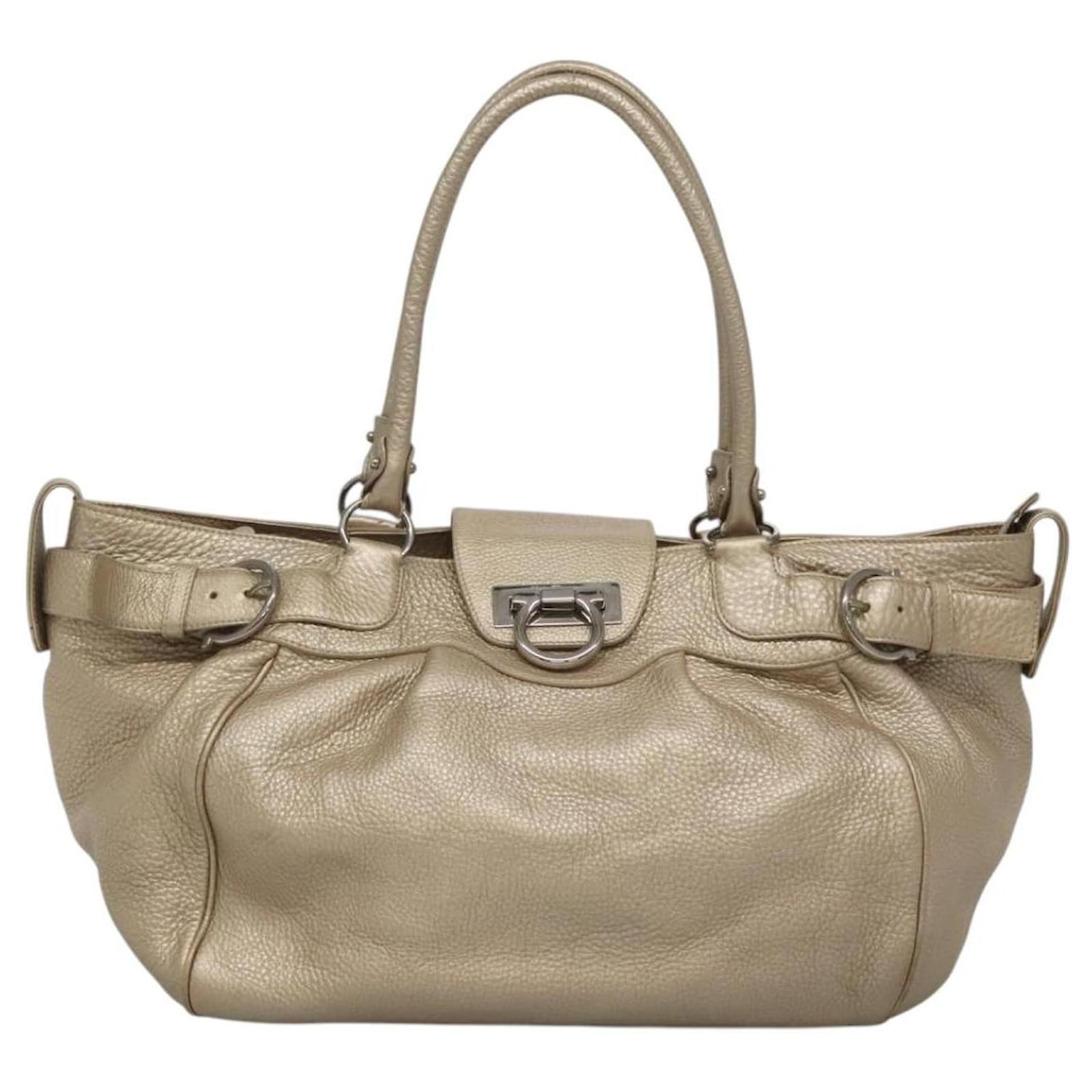 Salvatore Ferragamo Gancini Shoulder Bag Leather Gold Tone Silver