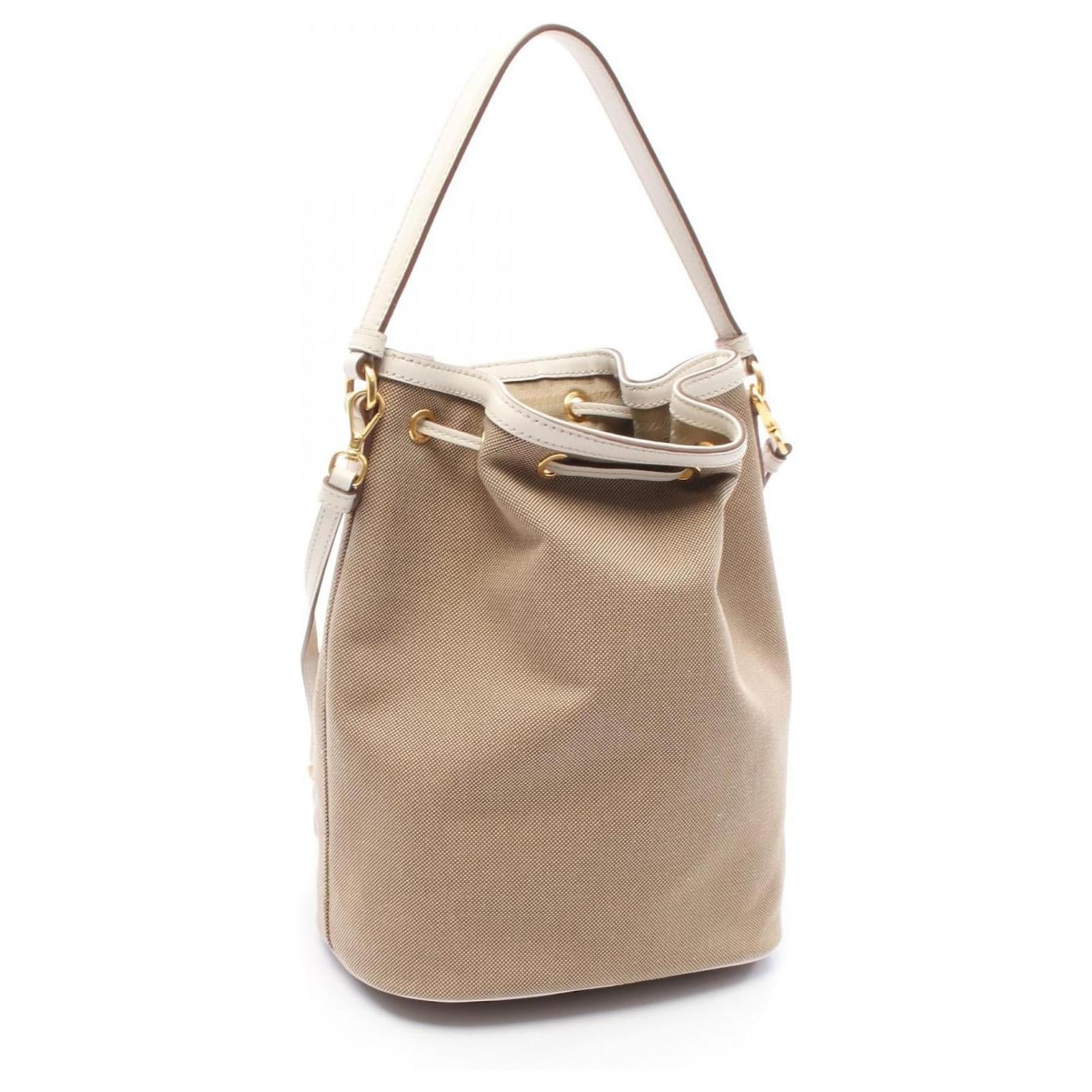 Prada Canvas Leather Logo Jacquard Handbag Brown Beige Cloth ref