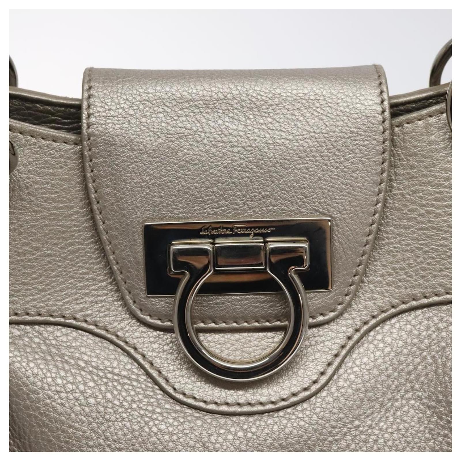 Salvatore Ferragamo Gancini Shoulder Bag Leather Silver Auth
