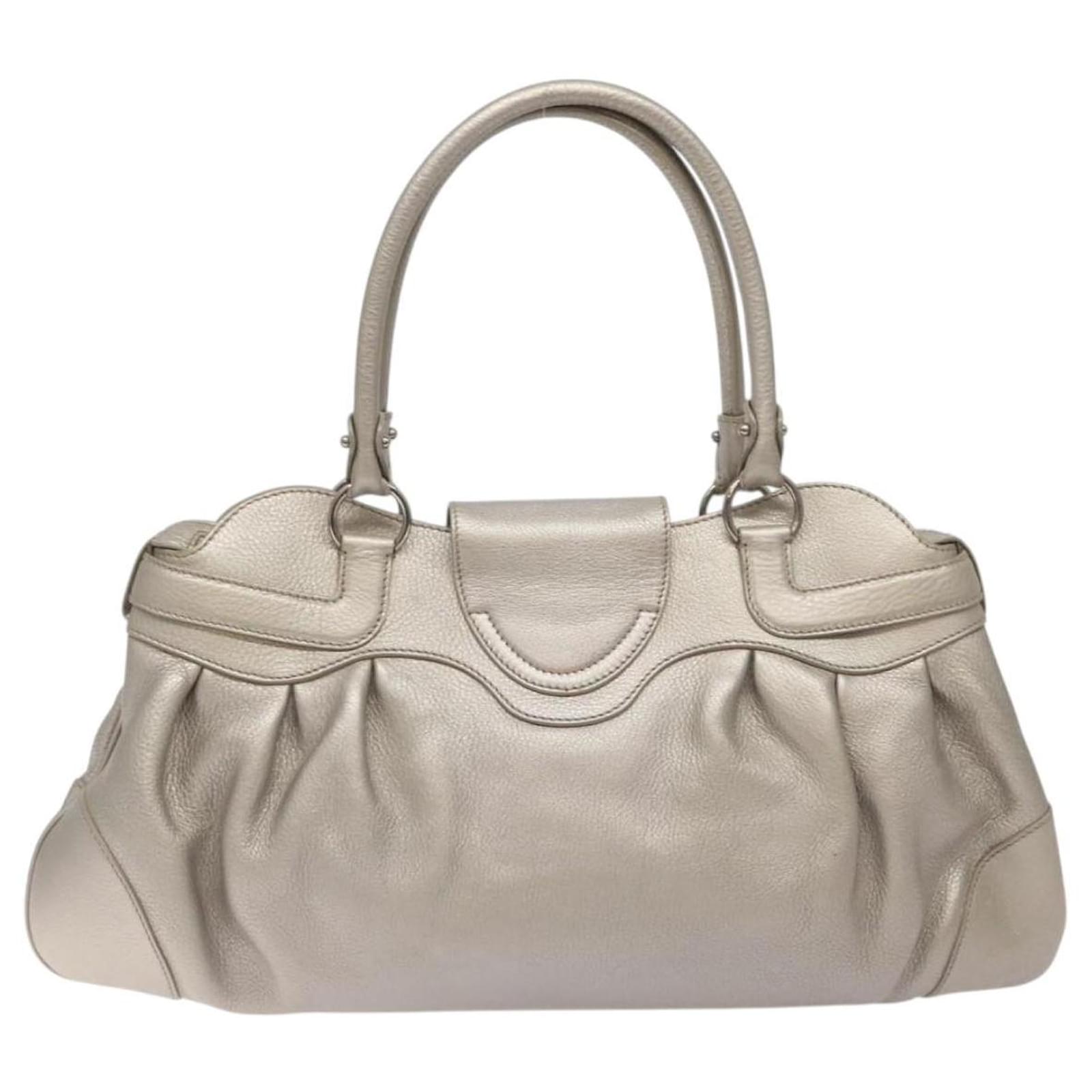 Salvatore Ferragamo Gancini Shoulder Bag Leather Silver Auth