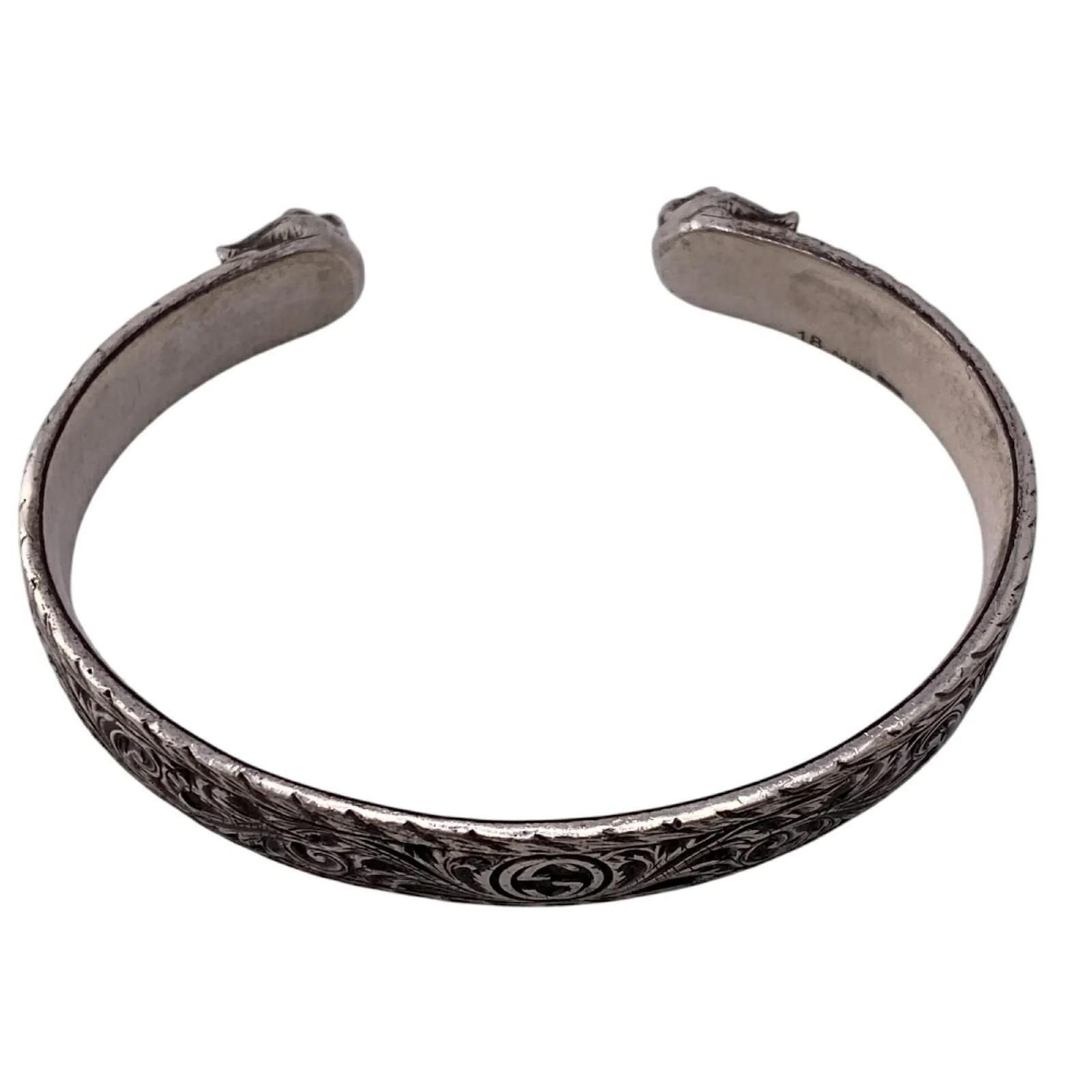 GUCCI Tiger Head Interlocking Arabesque Bracelet Silvery Silver