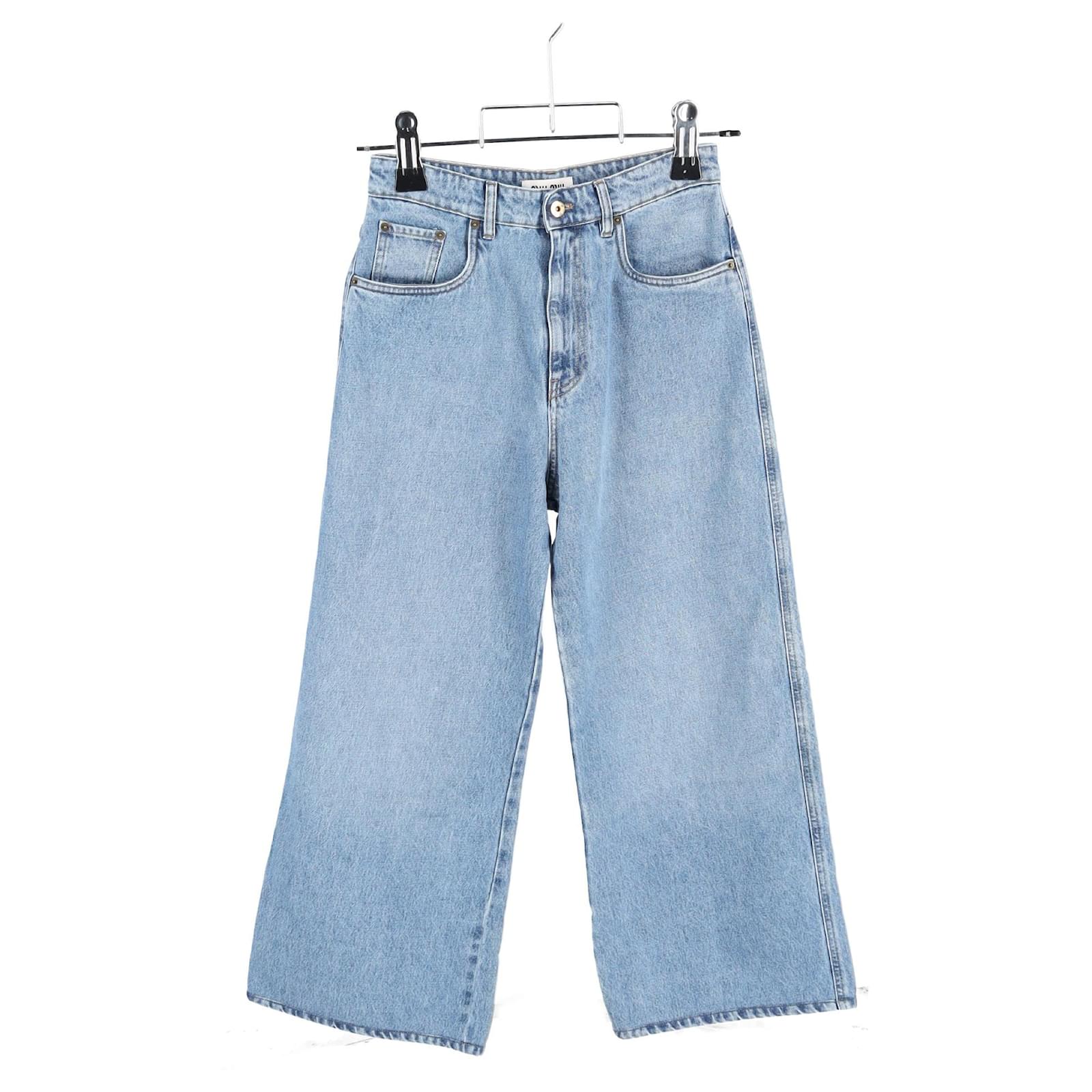 Miu Miu Logo-Embroidered Wide-Leg Jeans in Blue Cotton Denim