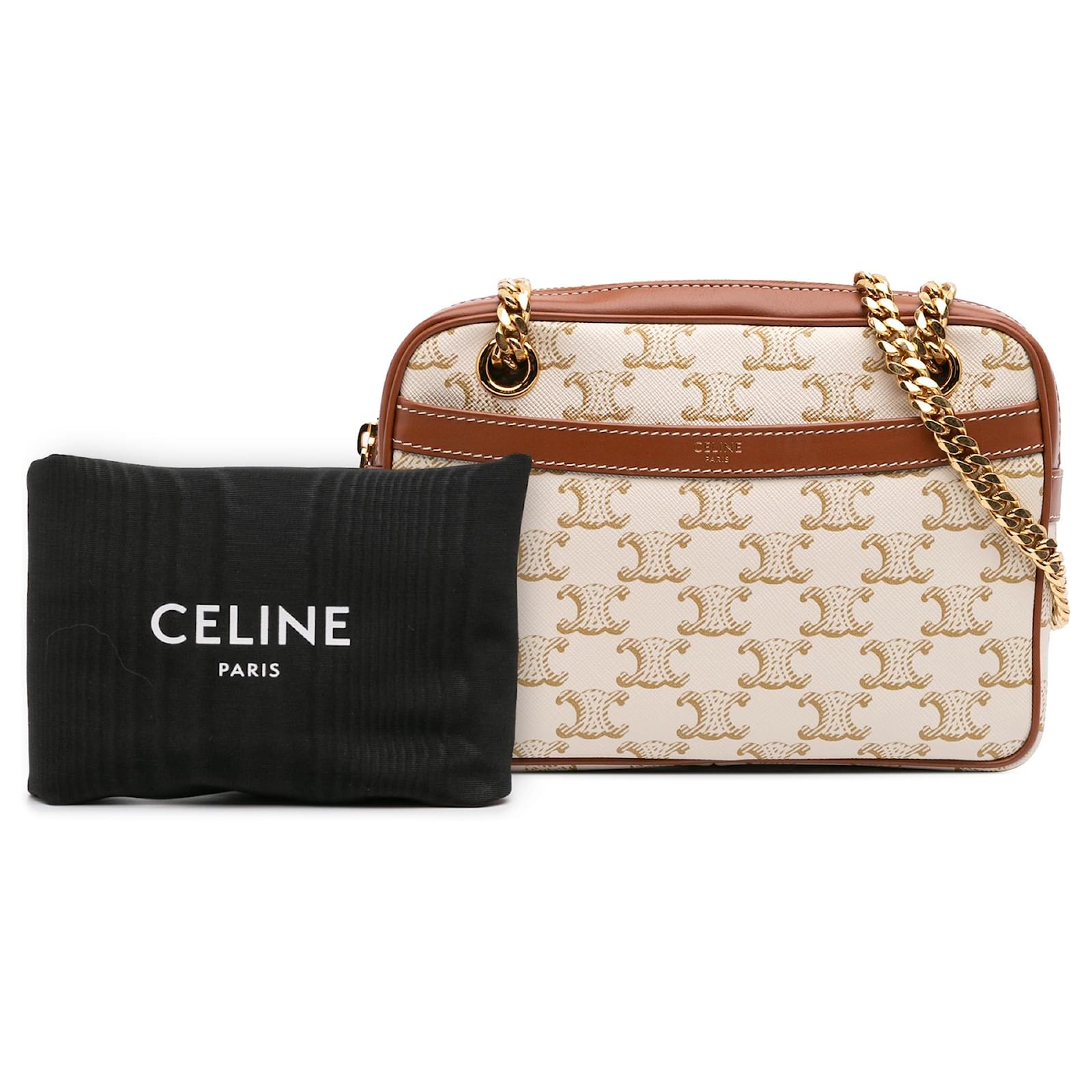 Céline Celine White Small Triomphe Coated Canvas Patapans Shoulder