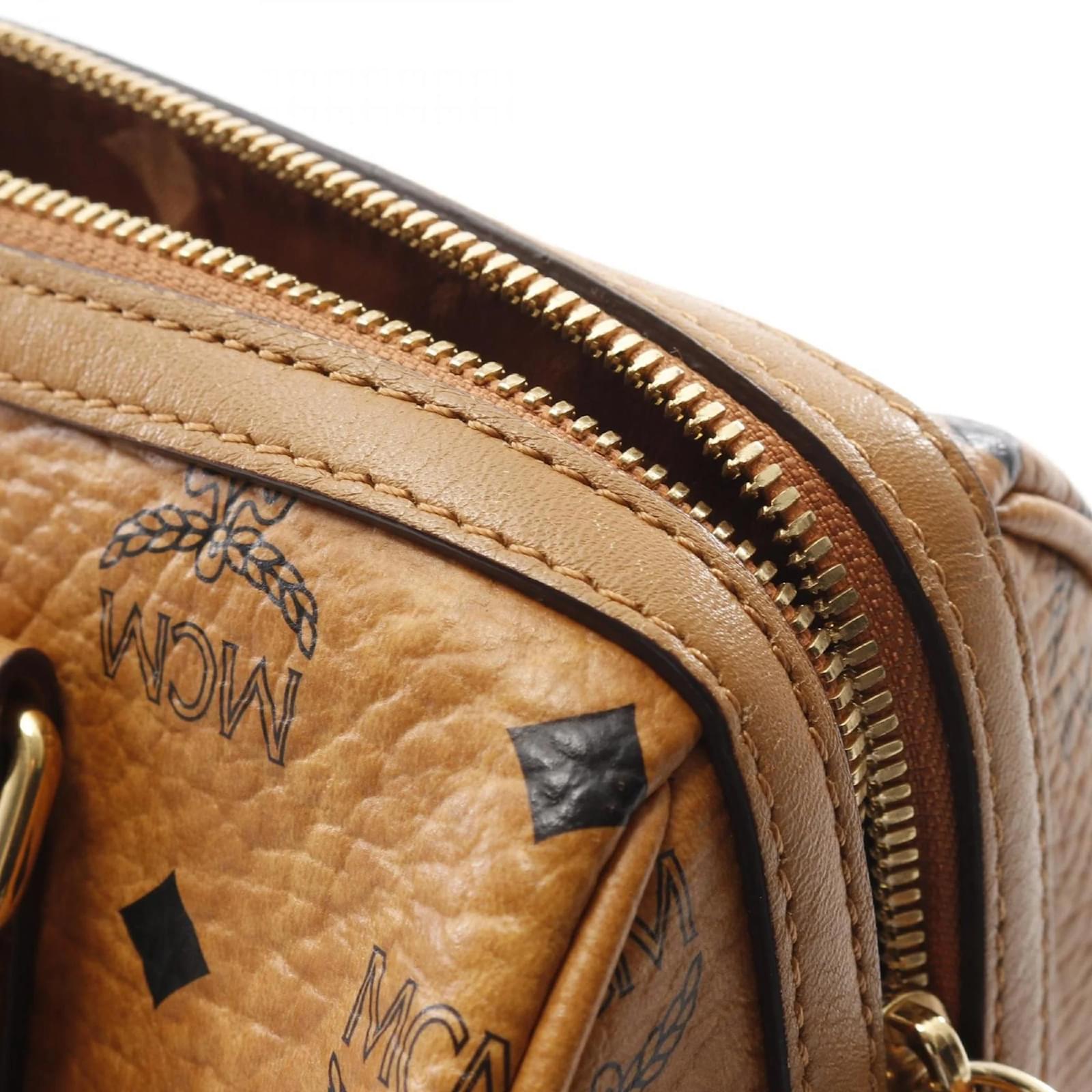Grand Fourre-tout MCM Visetos Vintage En Cuir Marron Et Toile – Fermeture éclair Dorée