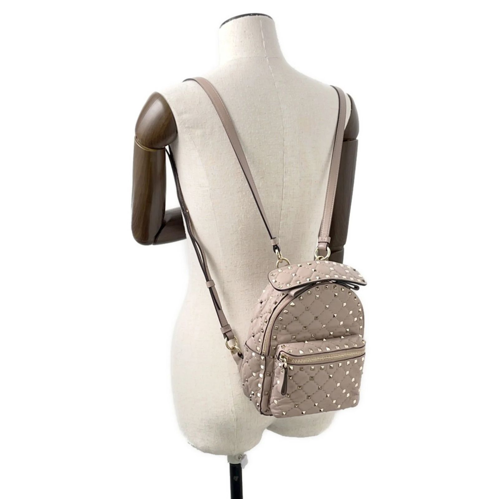 Sac à dos mini Valentino Rockstud Spike Cuir Marron Rose ref  display picture 1