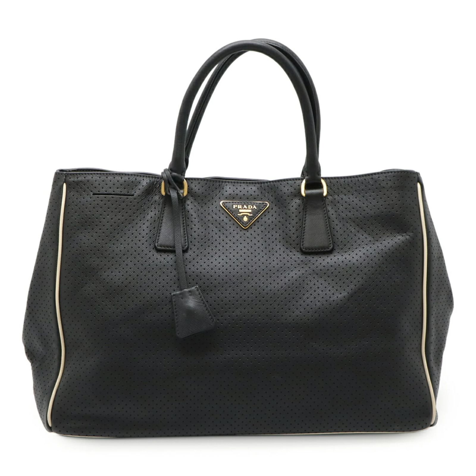 Prada Punching Triangle Plate Handbag Tote Bag Black Leather ref 