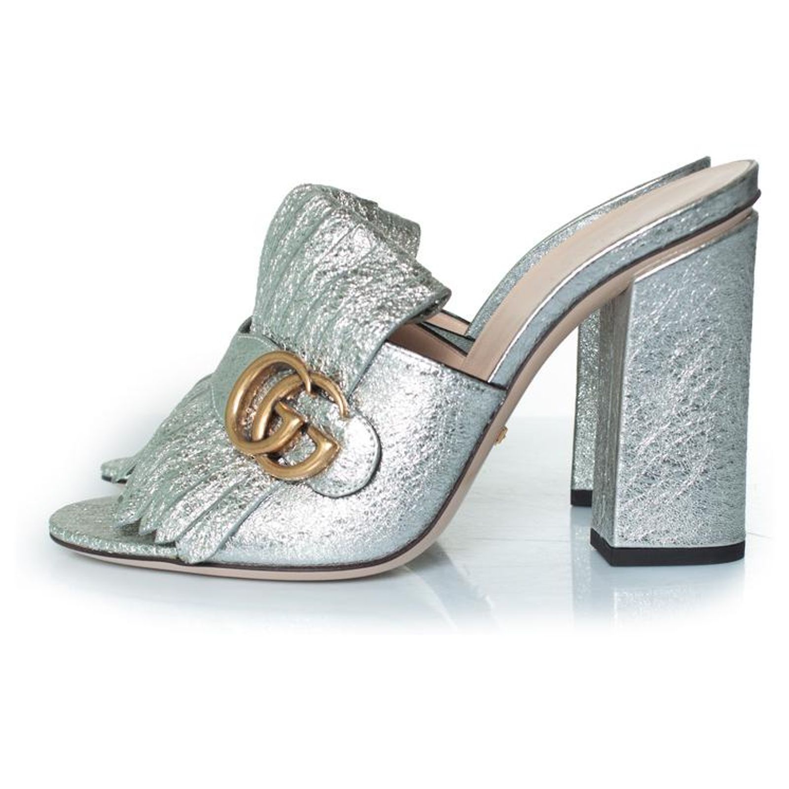 Gucci, metallic marmont peep toe loafer Silvery Leather ref.1760873 ...