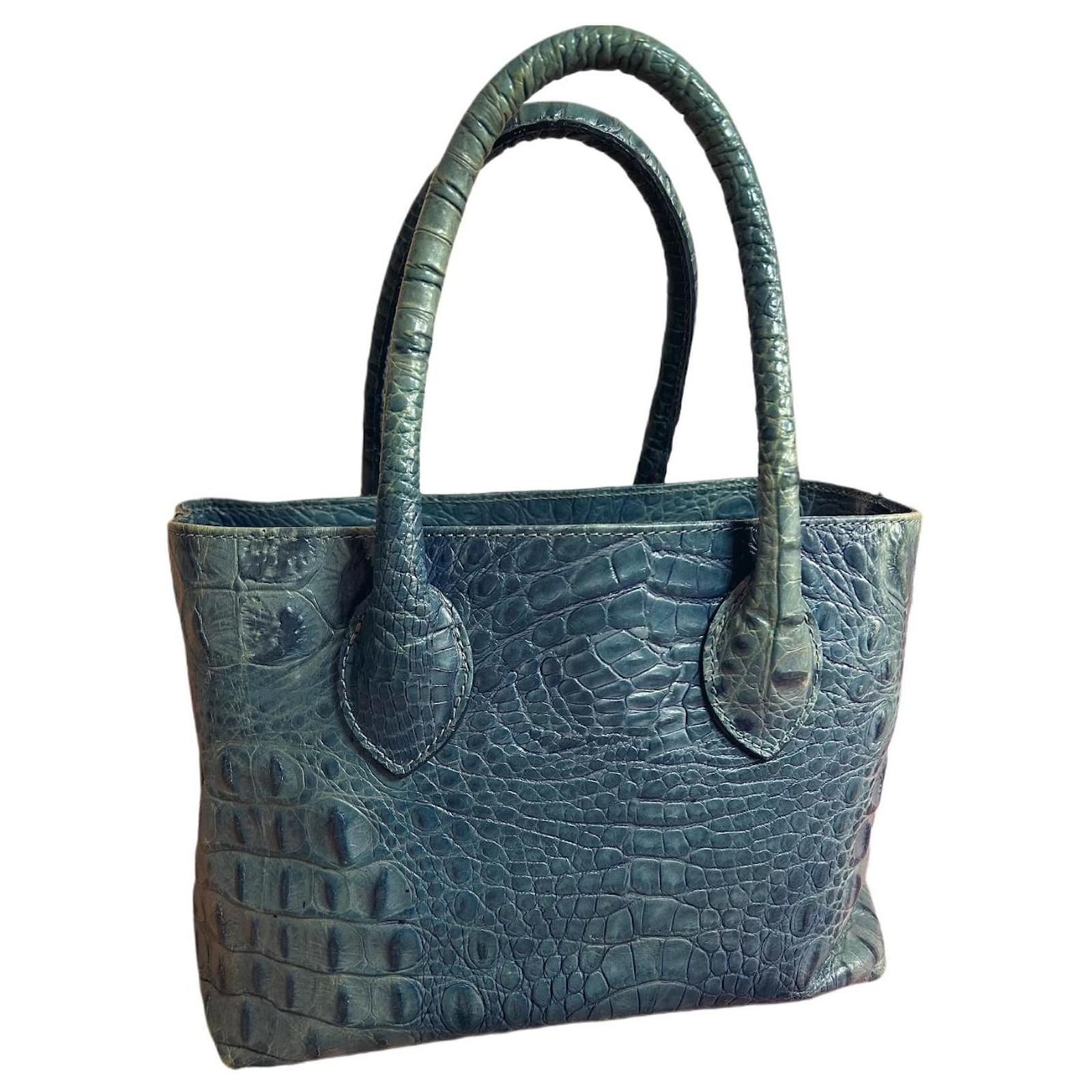 FURLA Vintage Blue Leather Tote Croc-Embossed Handbag Made in