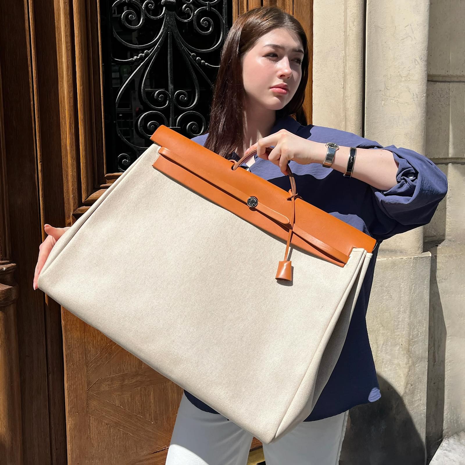 Hermes Herbag Sac Hermes Toile Et Cuir Herbag Sac De Voyage Hermès En Toile  Criss Viking Et Cuir De Vache