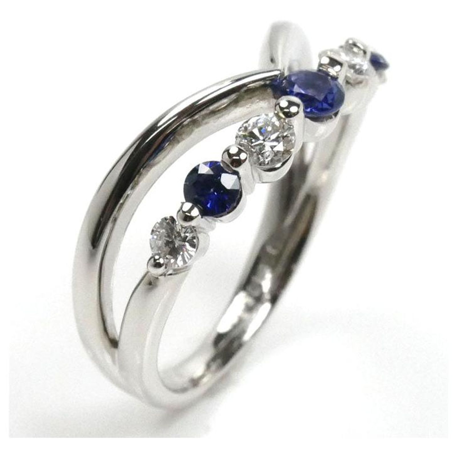 Bague Platine Pt900 Avec Saphir Et Diamants - Taille US 5,6 (JP 10.5) - Poids 7,3 G - Occasion Femme