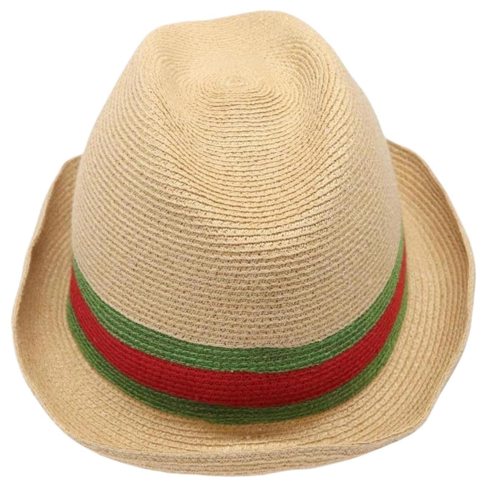 GUCCI Web Sherry Line Hat Abaca Beige Red Green 234137 Auth