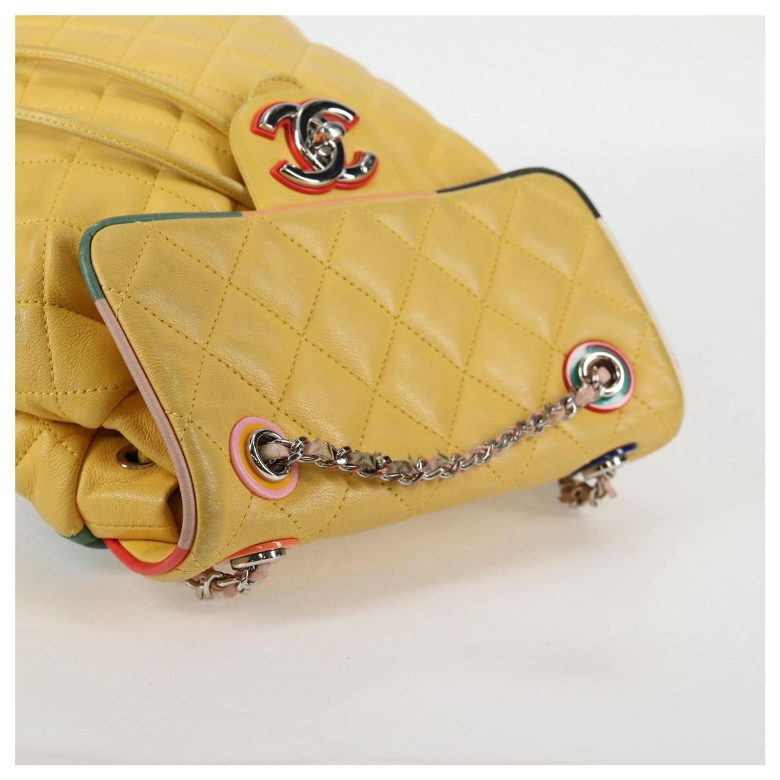 CHANEL Matelasse Backpack Lamb Skin Yellow Silver CC Auth 