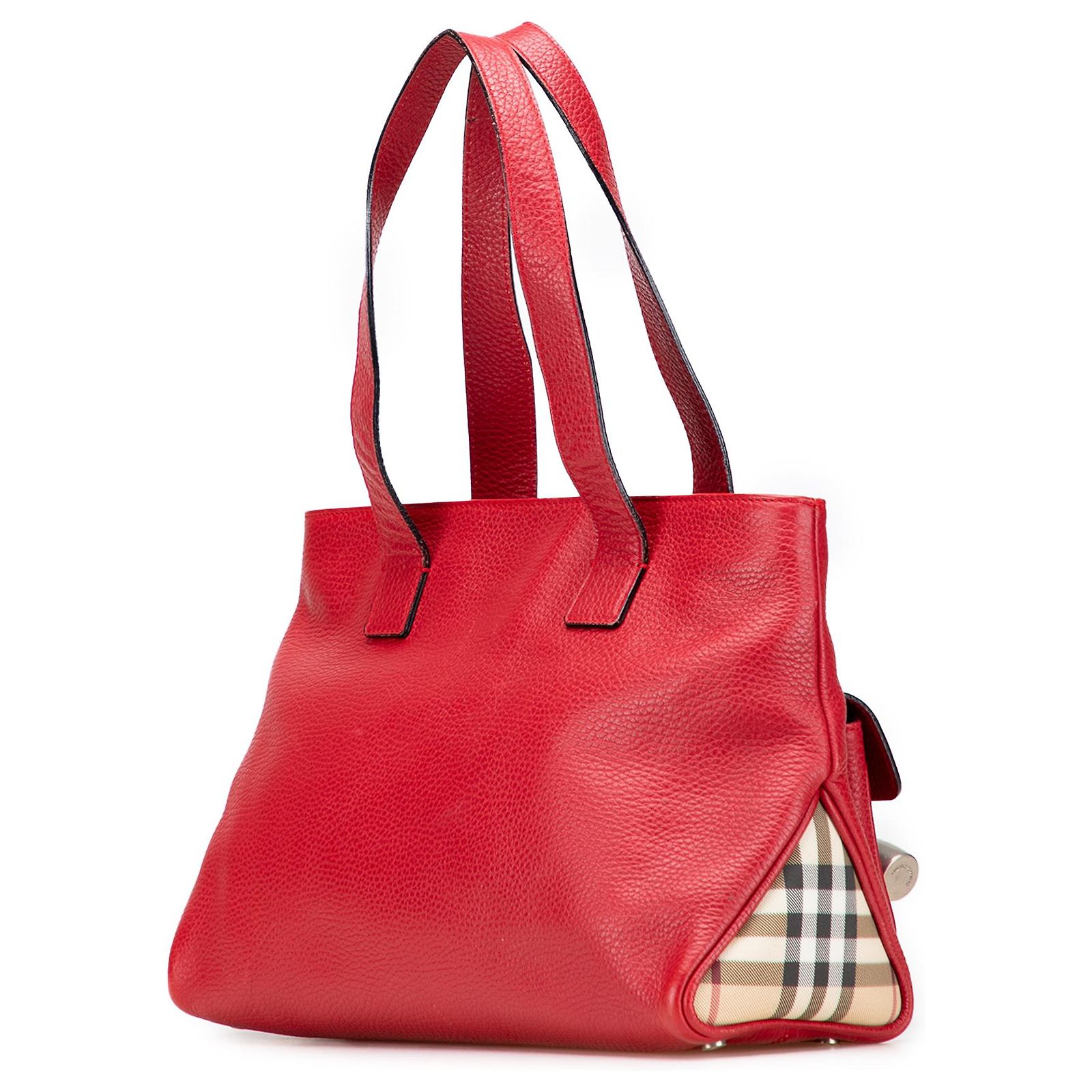 Burberry Red House Check Trimmed Grainy Calfskin Horn Toggle Tote 