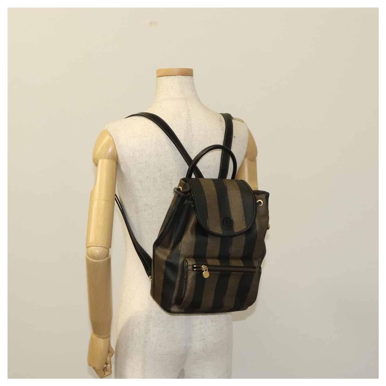 Pequin FENDI Pecan Canvas Backpack PVC Brown Black gold Auth  display picture 1