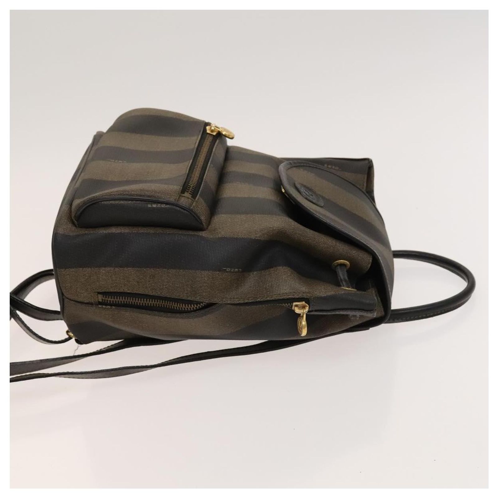 Pequin FENDI Pecan Canvas Backpack PVC Brown Black gold Auth  display picture 1
