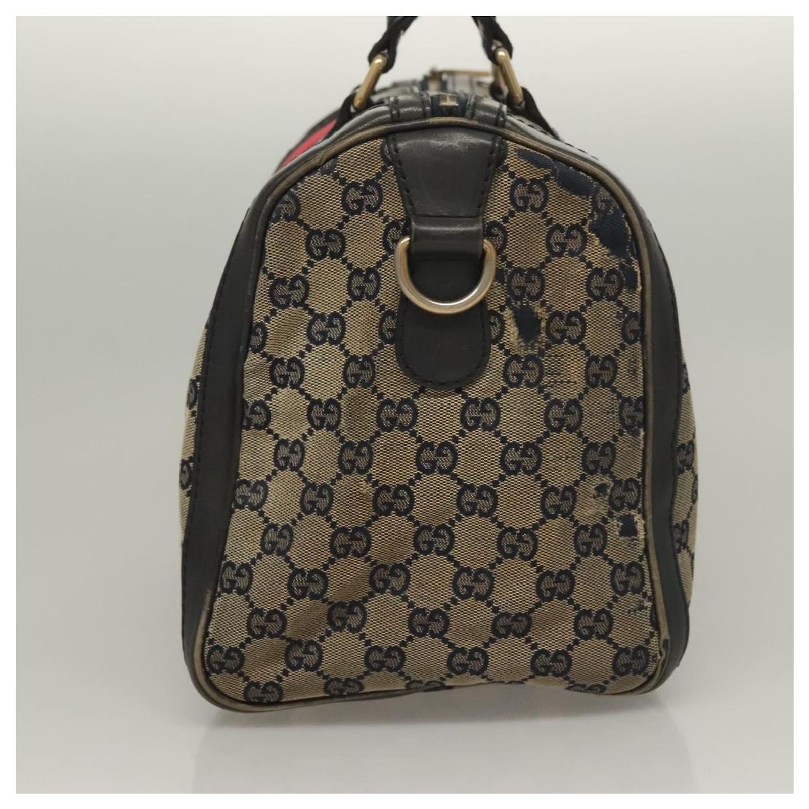 GUCCI GG Canvas Sherry Line Boston Bag Navy Red 247205 Auth gh440