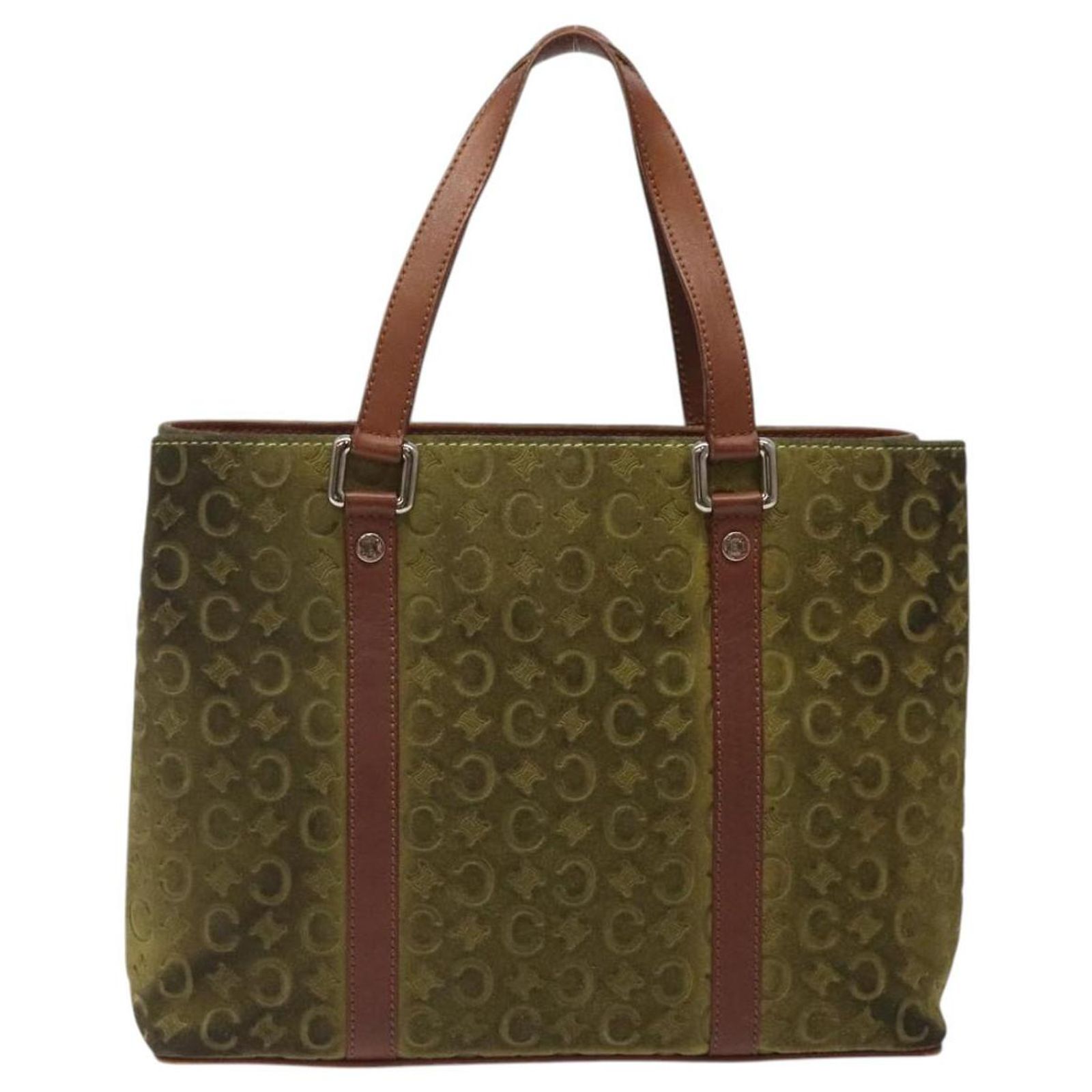 Céline CELINE C Macadam Canvas Hand Bag Suede Green Gold Auth 