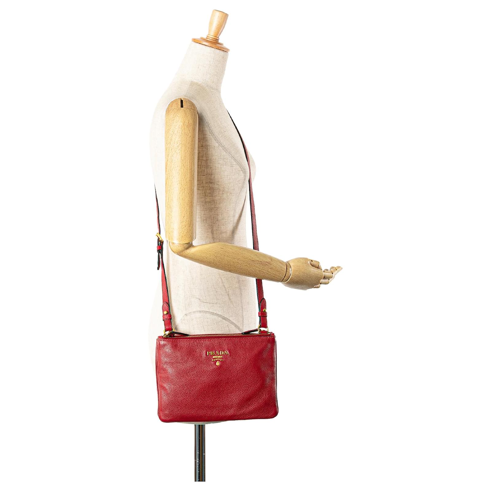 Prada Red Vitello Phenix Double Zip Crossbody Leather Pony-style
