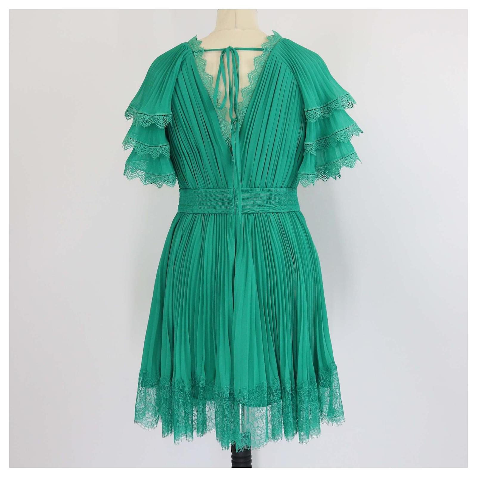 Self portrait Abito Mini Plissettato in Chiffon Verde Self