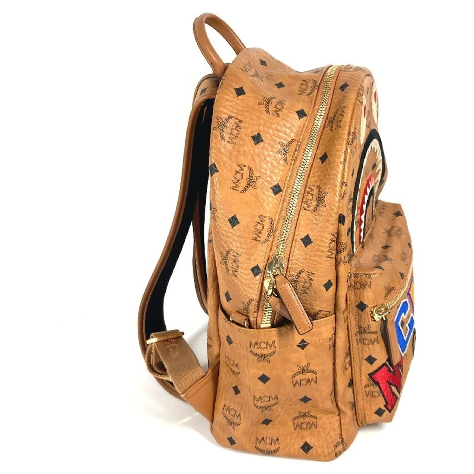 MCM BAPE Collaboration Shark Stark Backpack Brown Leather ref