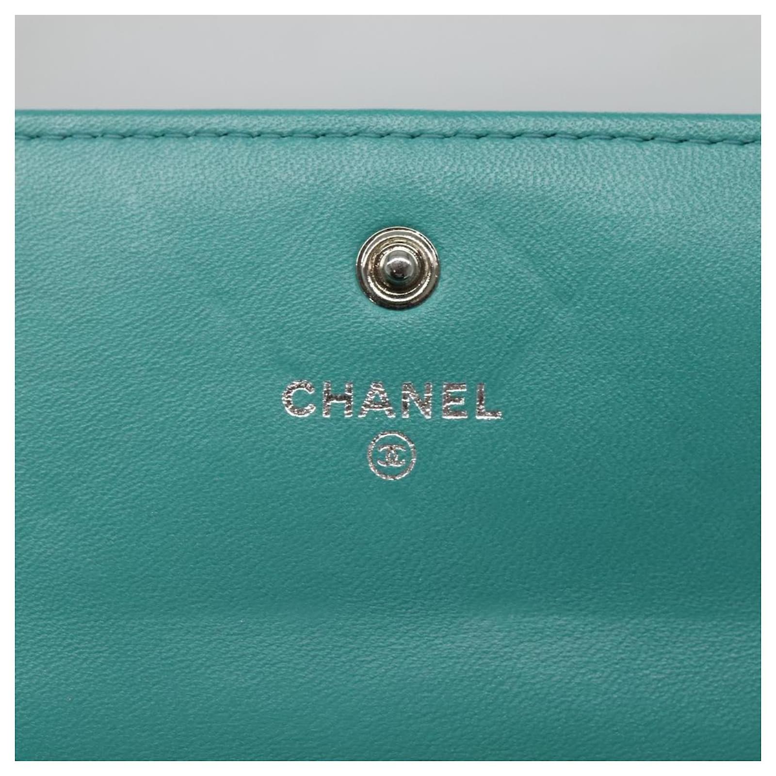 CHANEL Wild Stitch Long Wallet Leather Turquoise Blue Silver CC