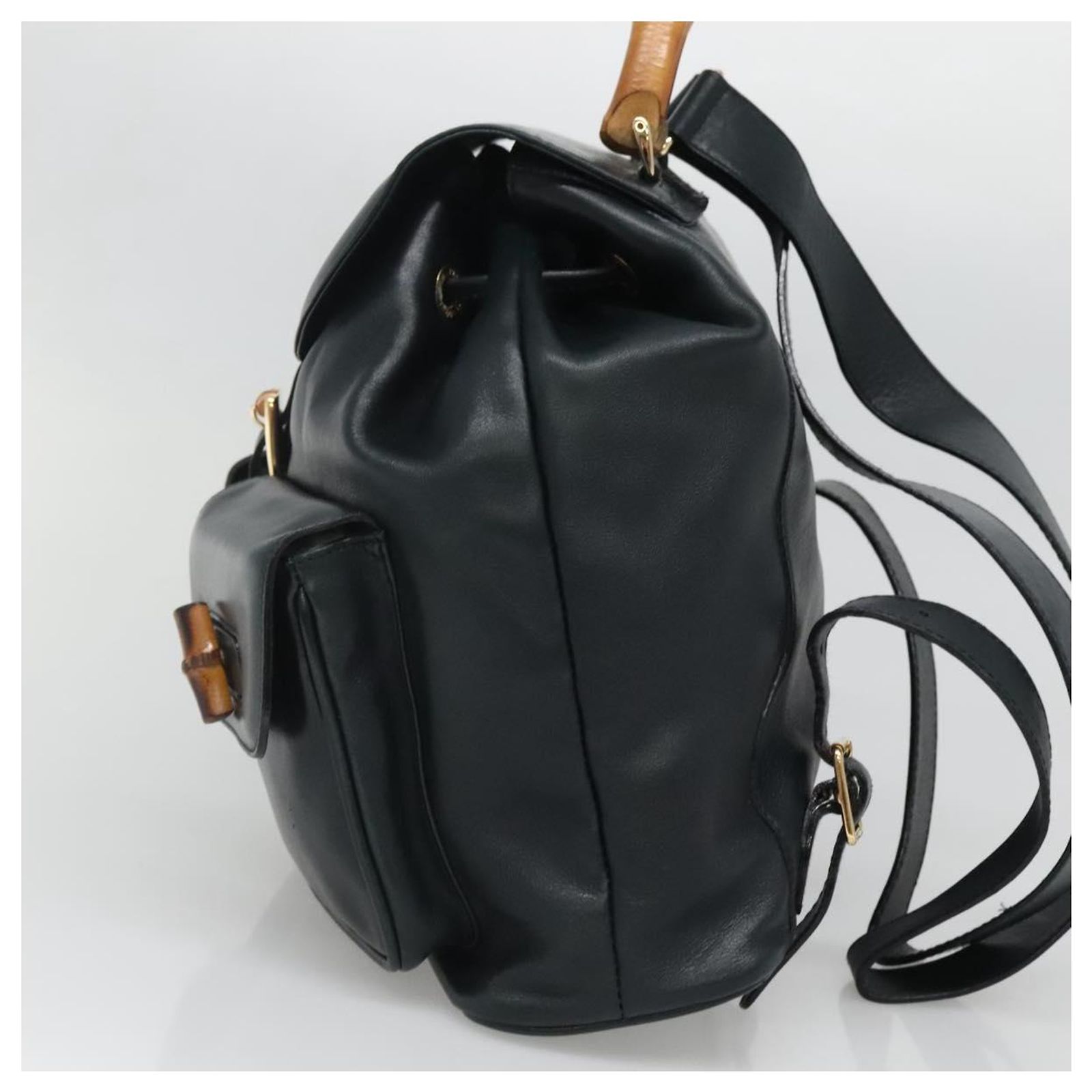 GUCCI Bamboo Backpack Leather Navy Gold 003 2058 0016 Auth 152368 Gucci Bamboo Leather Backpack main image 4