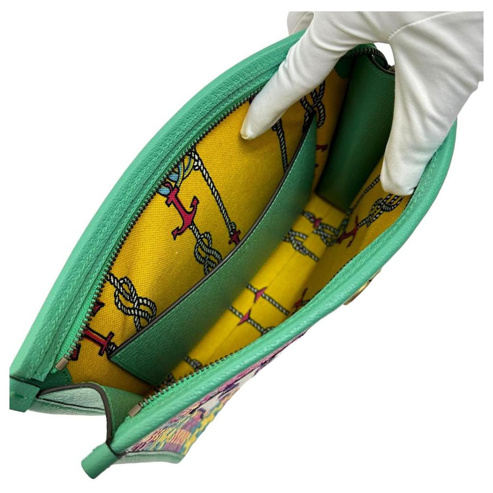 Gucci Hawaii Logo Leather/Straw Clutch Bag Limited Green ref