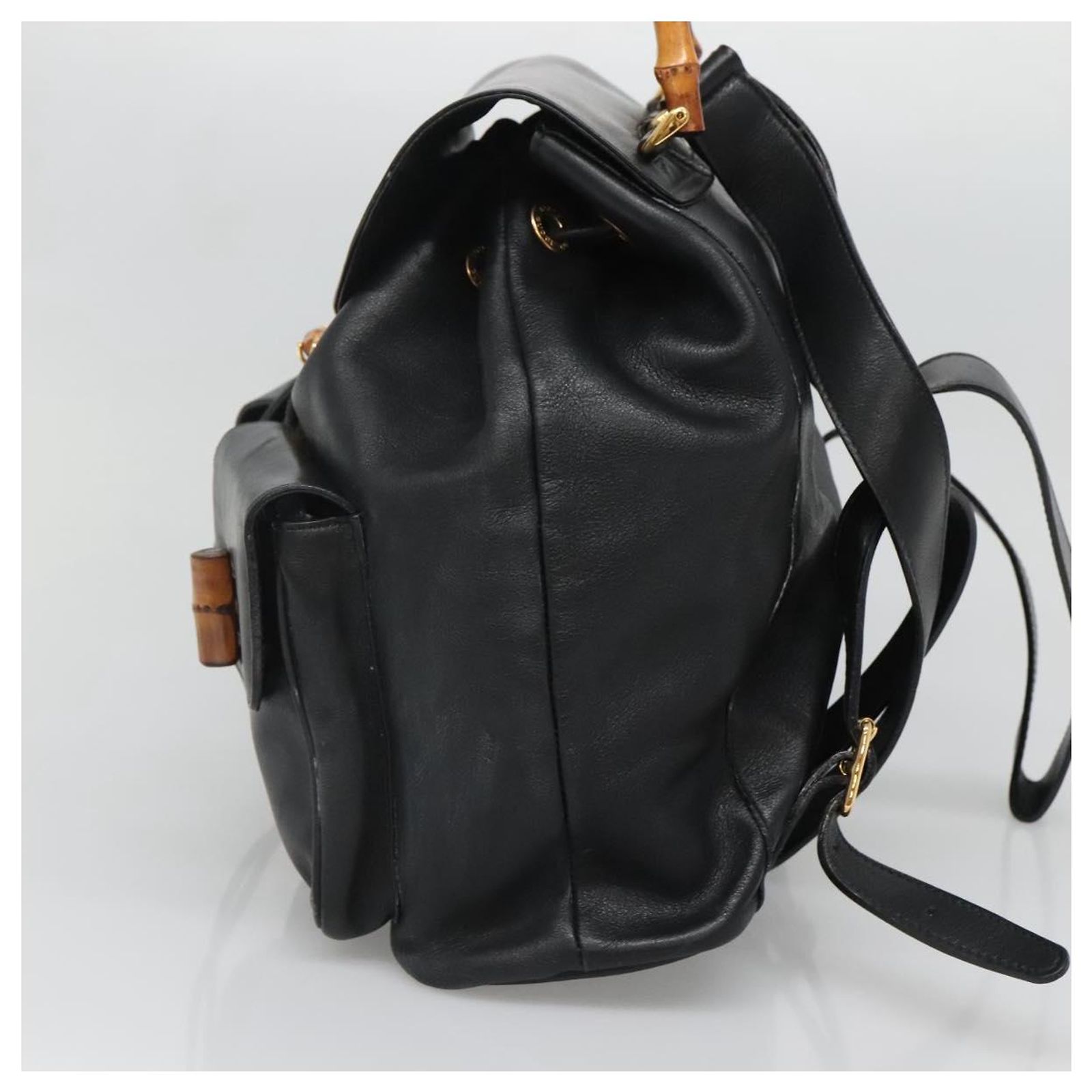 GUCCI Bamboo Backpack Leather Black Gold 003 2058 0016 Auth 