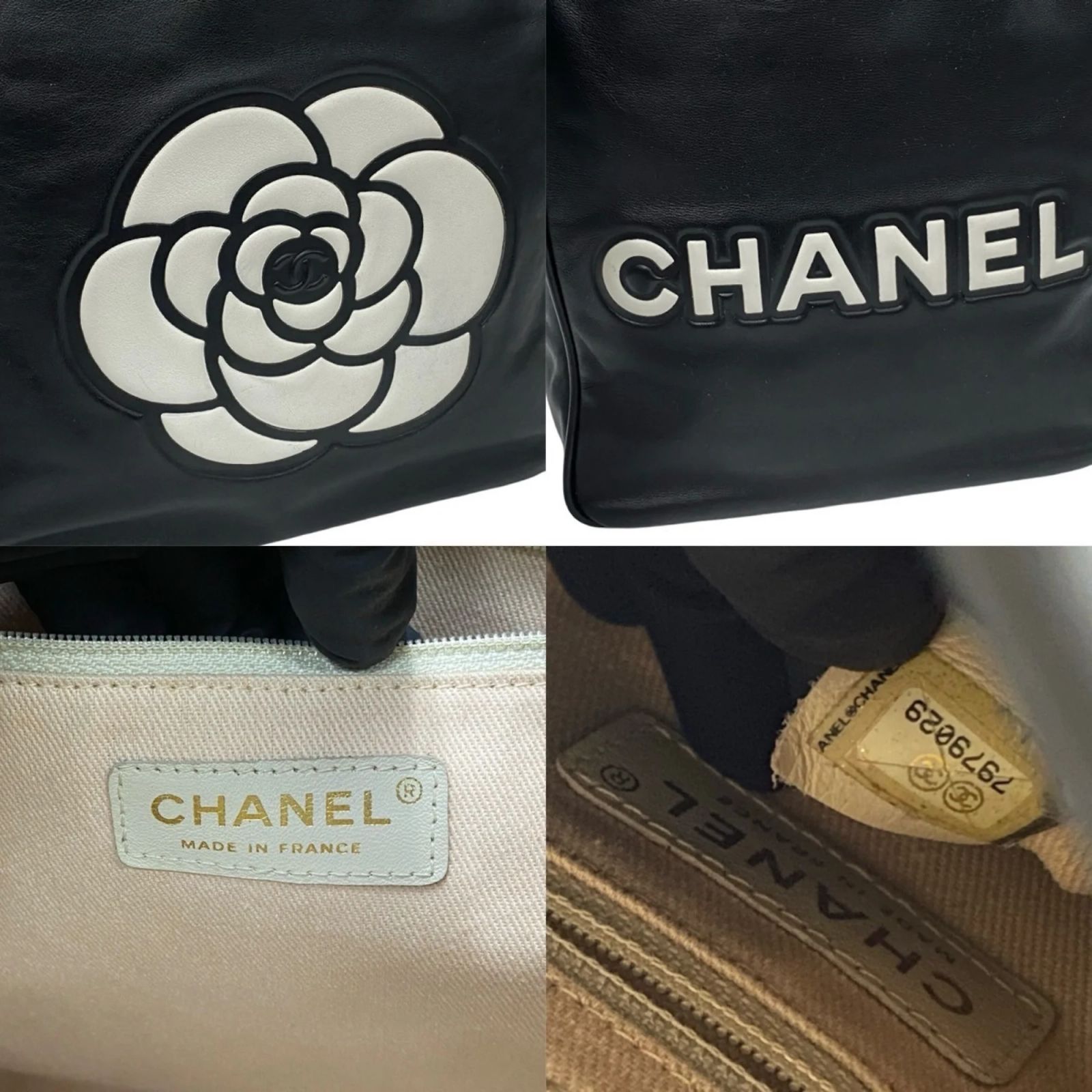 Timeless Chanel Camellia Logo Lambskin Tote Bag Black White 