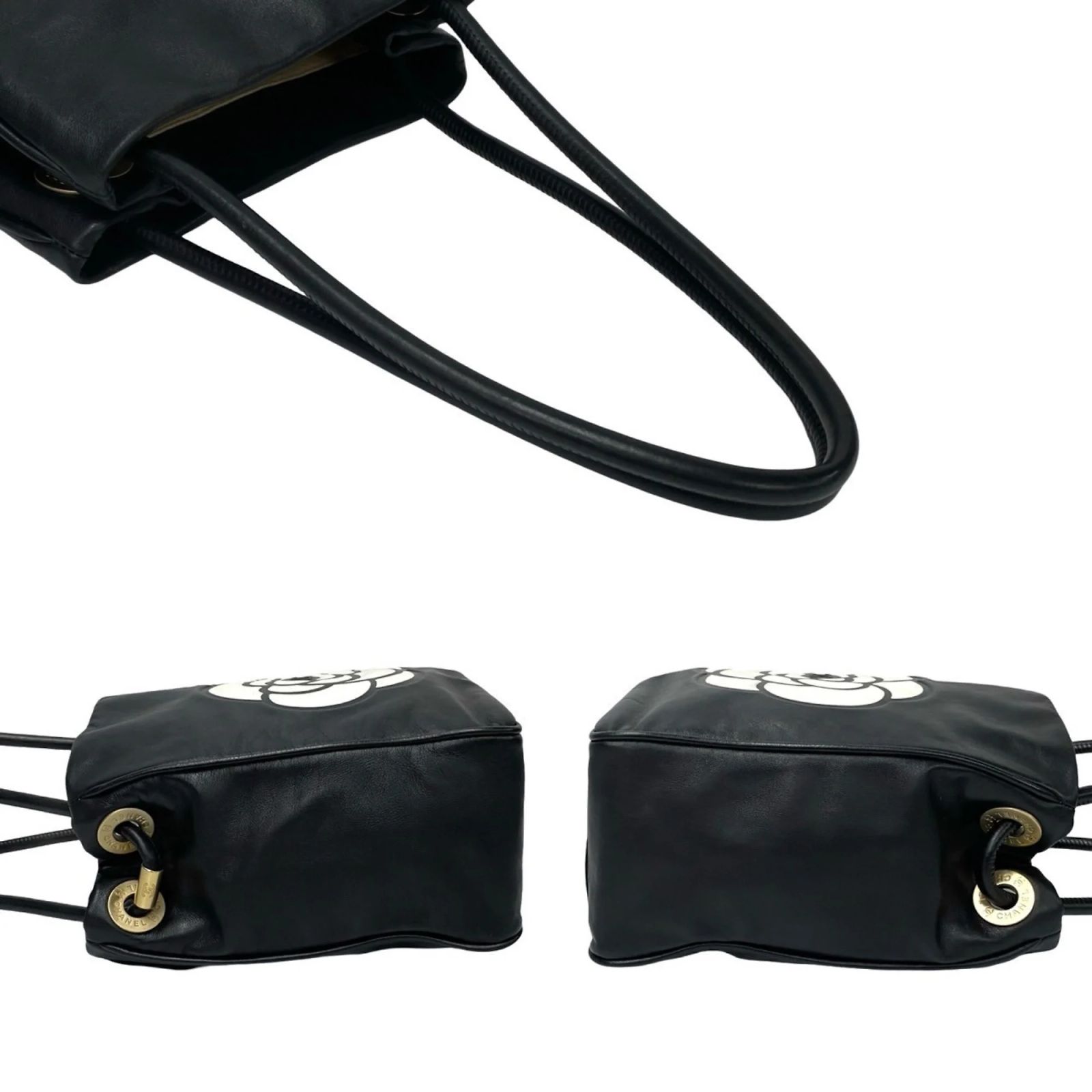 Timeless Chanel Camellia Logo Lambskin Tote Bag Black White 