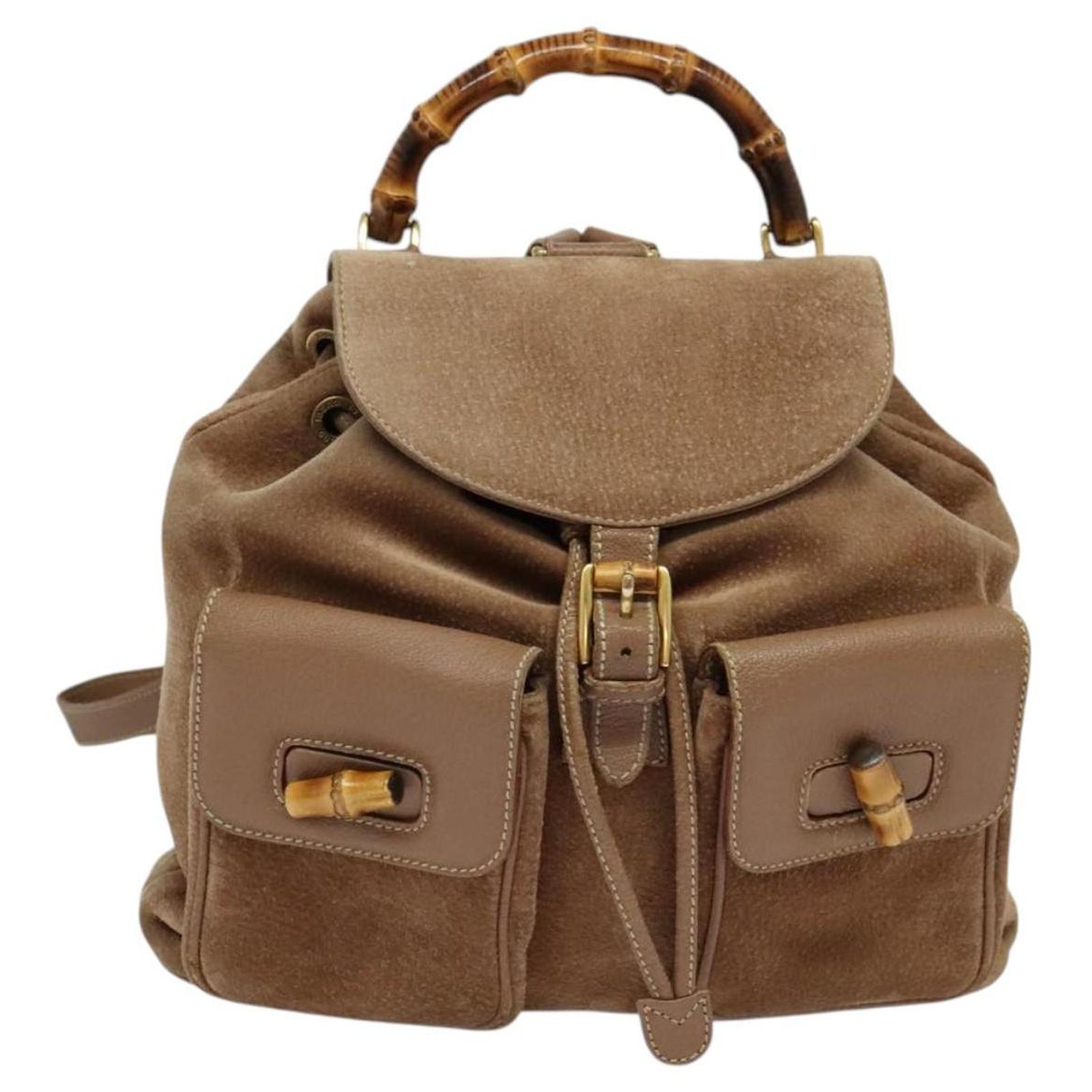 GUCCI Bamboo Backpack Suede Brown Gold 003 2058 0016 Auth 