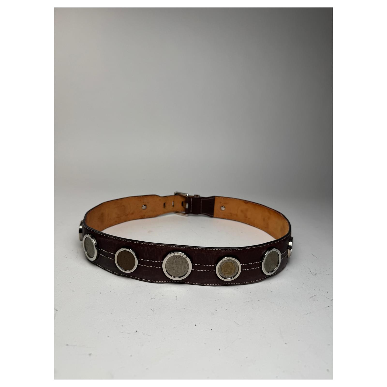 Céline Vintage Celine Paris Metal / Leather coin application belt