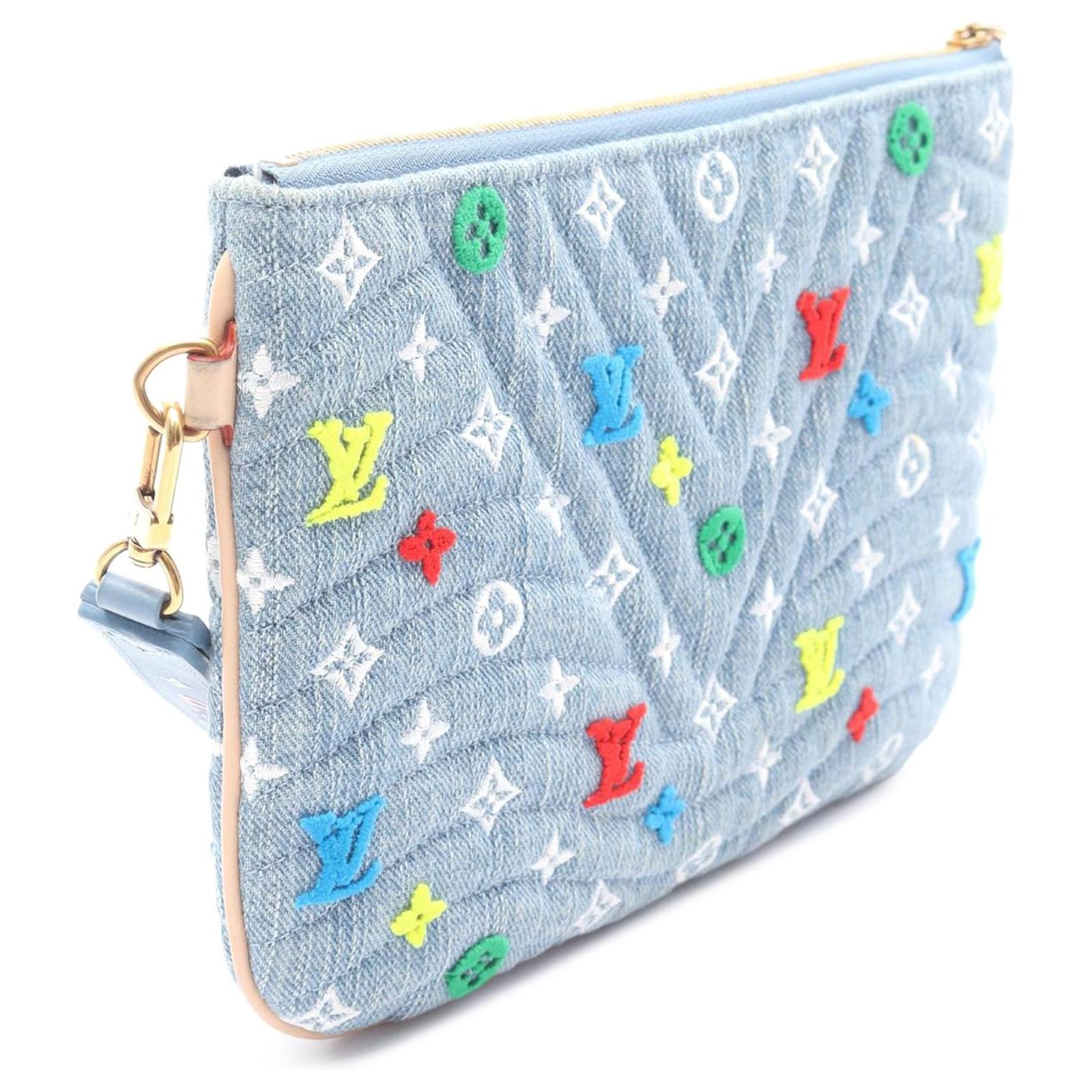 Louis Vuitton Blue Embroidered Monogram Denim New Wave Zipped Pochette Cloth ref.2429674