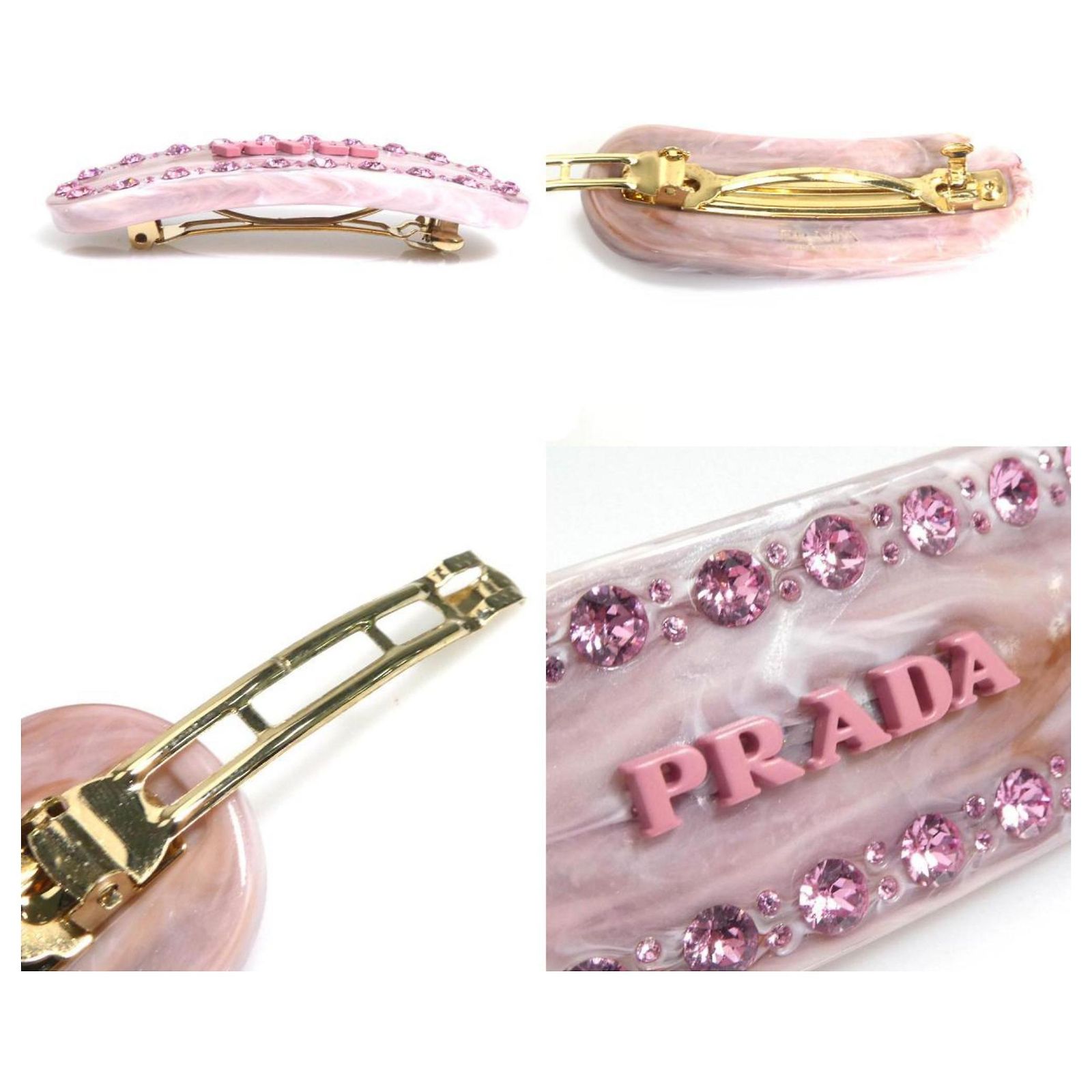Prada Gold and Pink Barrette Hair Clip Golden Metal ref 