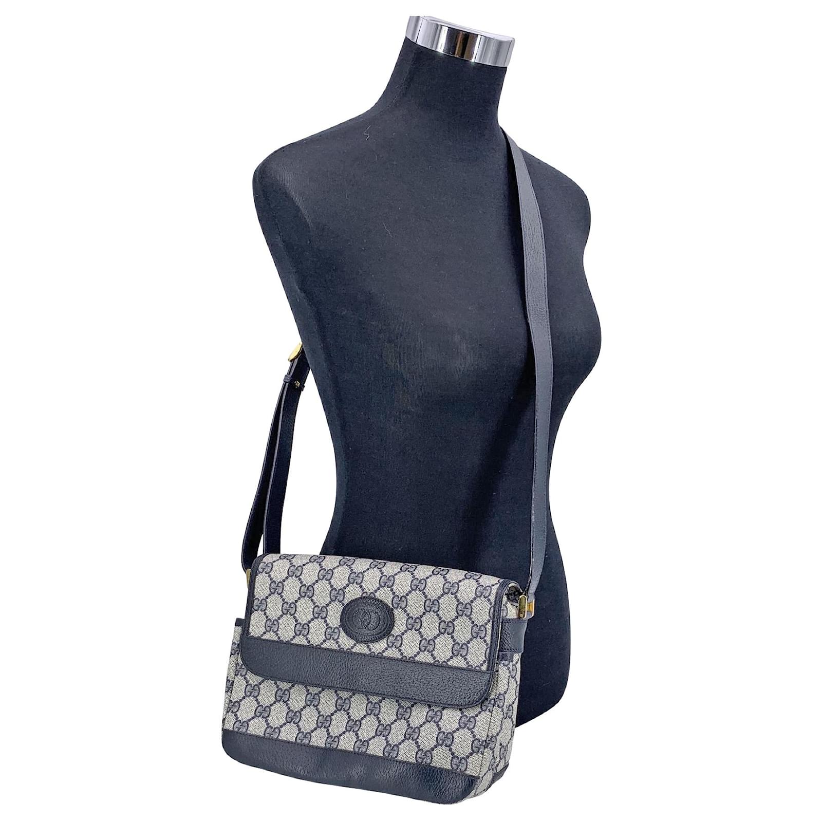 Gucci Vintage Navy Blue Monogram Canvas Flap Shoulder Bag Cloth